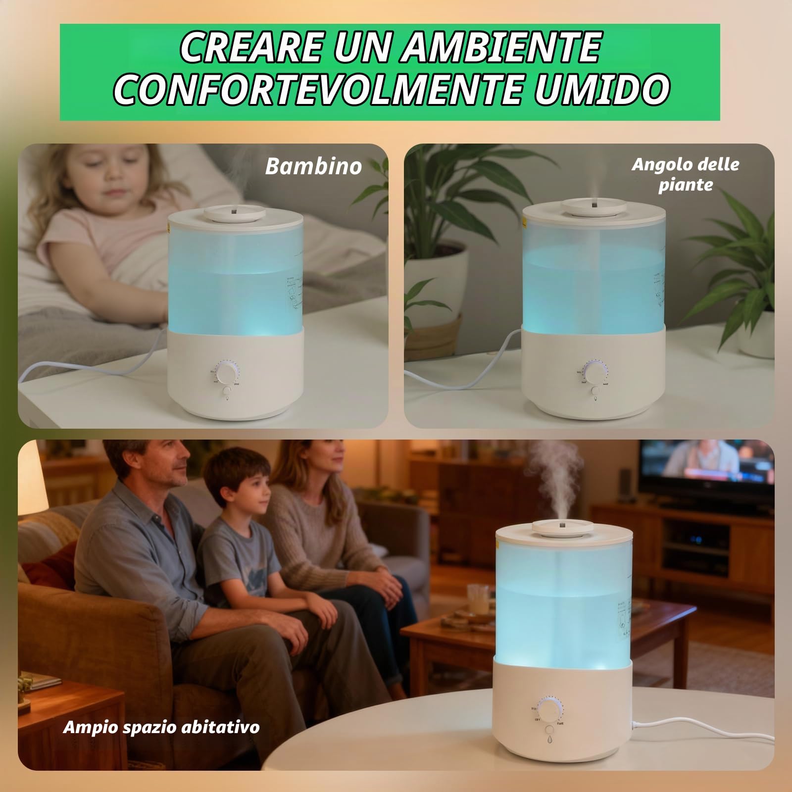 Cozary 2,5L Umidificatore Ambiente, Top Fill, 28H Diffusore di Oli Essenziali, Spegnimento Automatico, 23 dB Silenzioso, con Luce a 7 Colori, Ugello a 360°, per Camera da Letto, Cameretta, Piante
