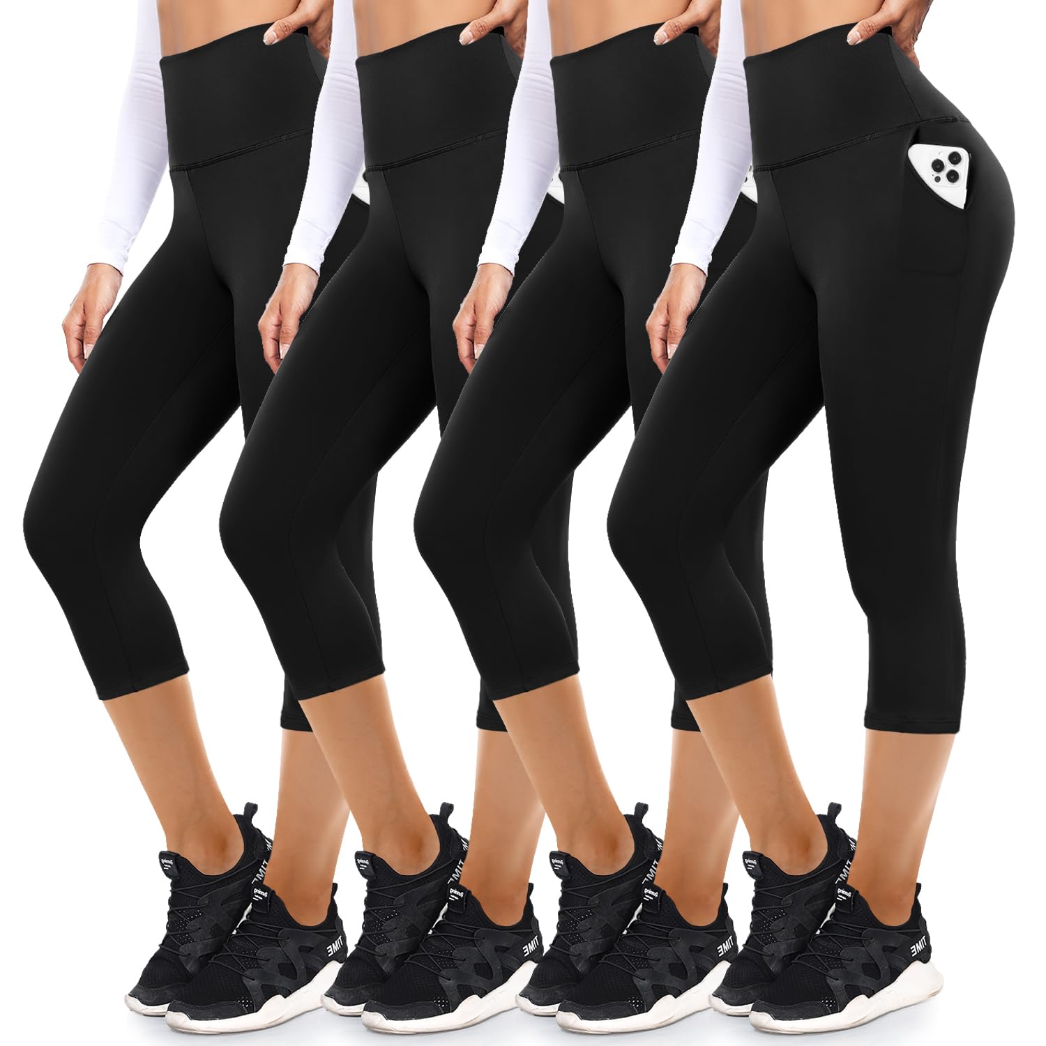 FULLSOFT 4 Pack Capri Leggings with Pockets for Women,Soft High Waisted Tummy Control Workout Yoga Pants(4 Pack Capri Black,Large-X-Large)