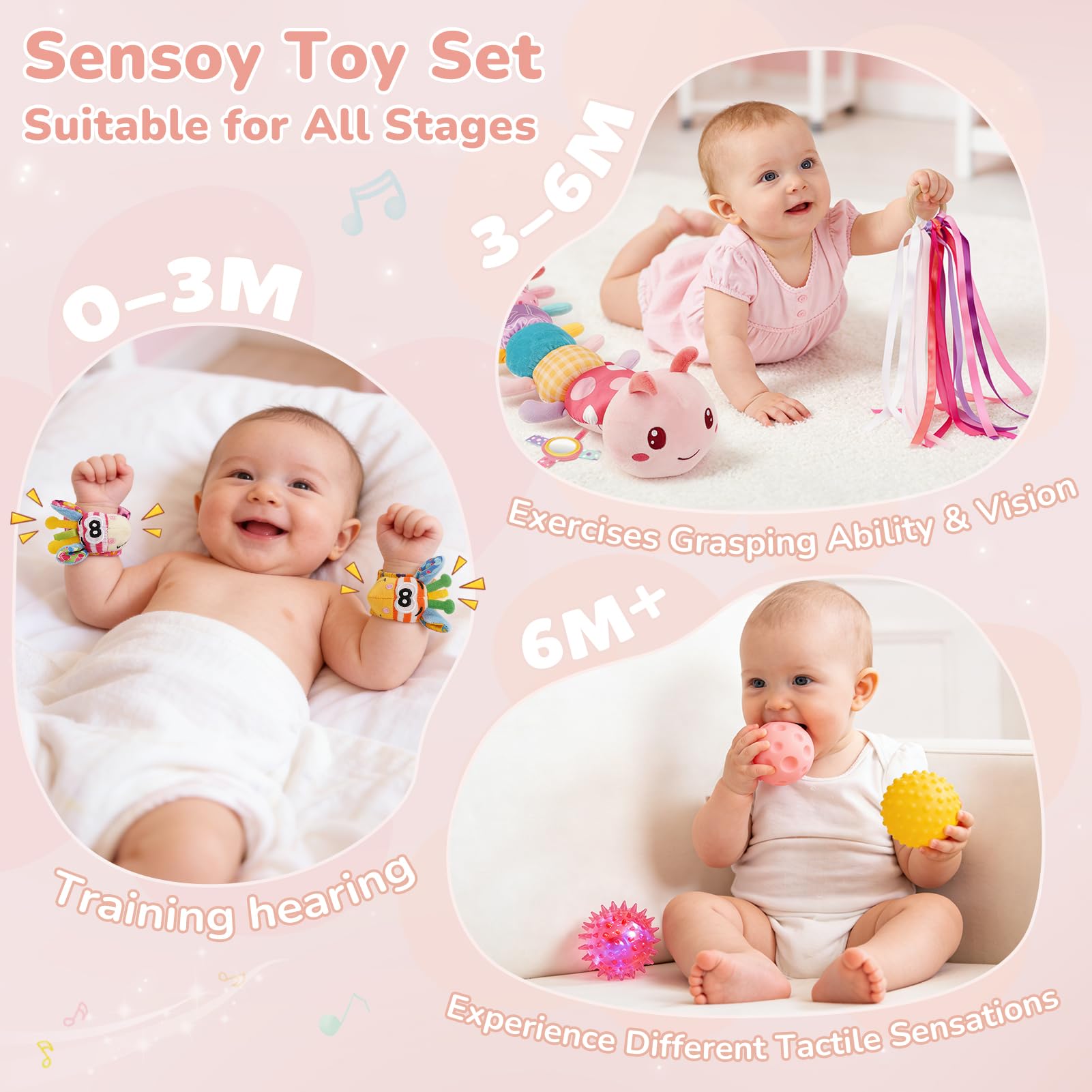 Joyreal Baby Spielzeug ab 3 Monate, Montessori Sensorik SpielzeugBaby 0 3 6 Monate, Baby Geschenk Mädchen, 10-teiliges Set für Neugeborene, Baby Raupe Musikspielzeug, Rasseln, Bänder