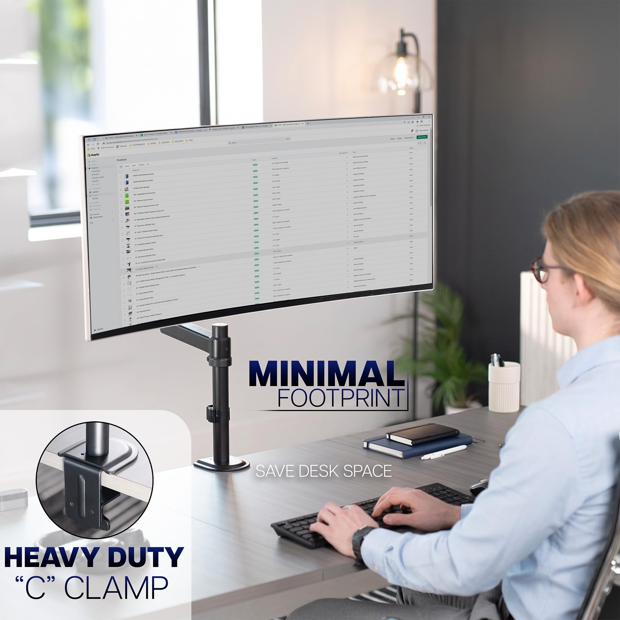 VIVO Supporto da scrivania con braccio a molla pneumatica articolato per impieghi gravosi e standard, adatto a schermi ultrawide standard e grandi fino a 35" con VESA massimo 200 x 100, STAND-V101H