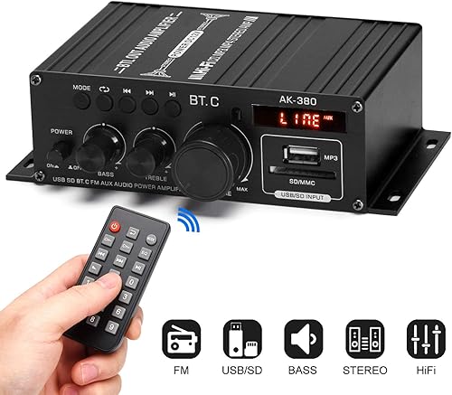 Miniatura 2 de AK-380 Bluetooth 5.0 Amplificador de audio para el hogar, máximo 400W+400W 2.0CH HiFi Stereo con fuente de alimentación de 12 V 5 A, receptor