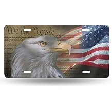 Bald Eagle American Flag Front License Plate Aluminum Decorative License Plates Funny Metal Car Plate 6"X12" Novelty Vanity Tag Cover with 4 Holes Car Decor Accessory