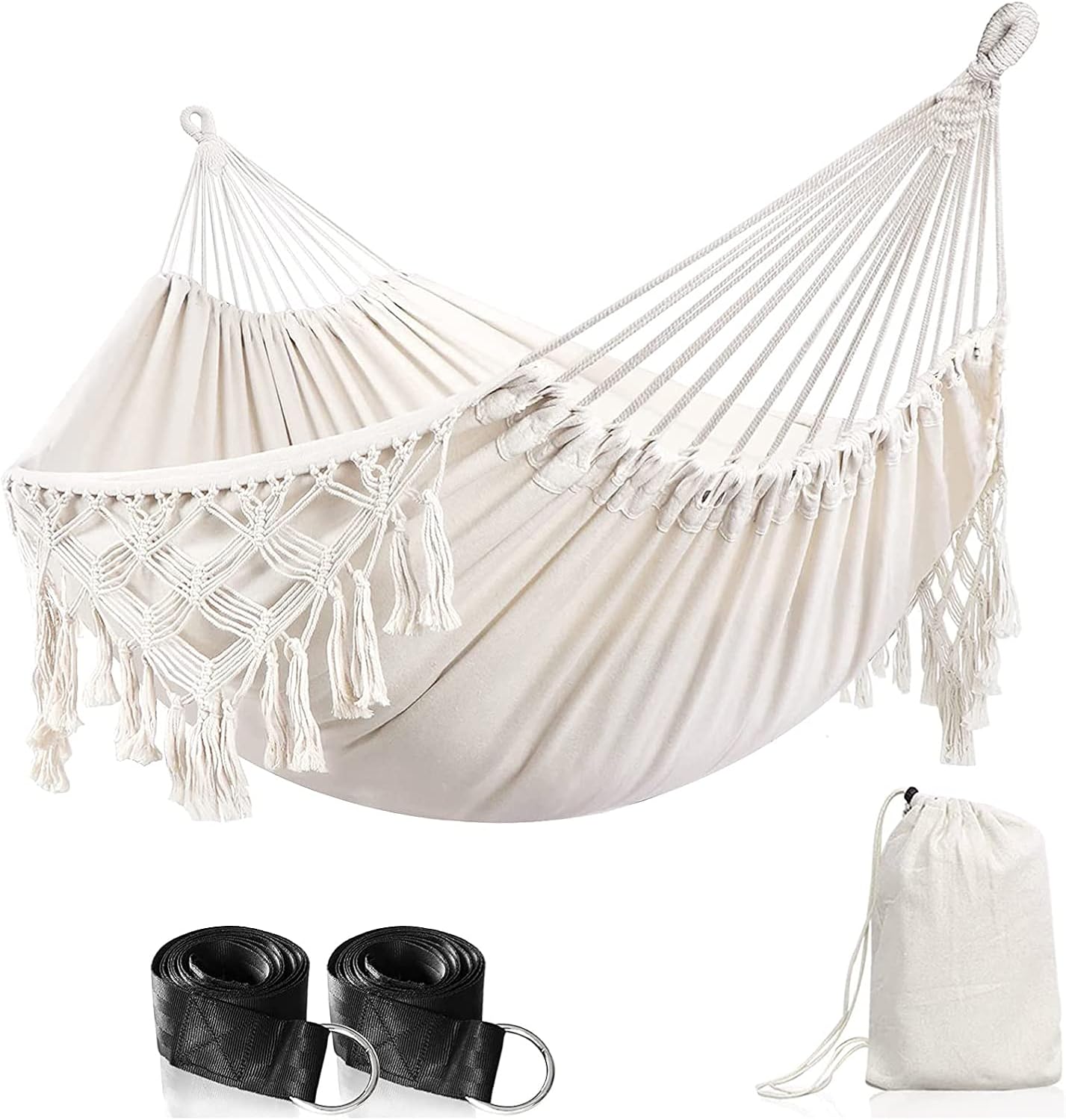 Cotton Hammock with Tassels Portable Compact Outdoor Hammock with Hanging Straps and Carrying Bag, Load 200KG,Black