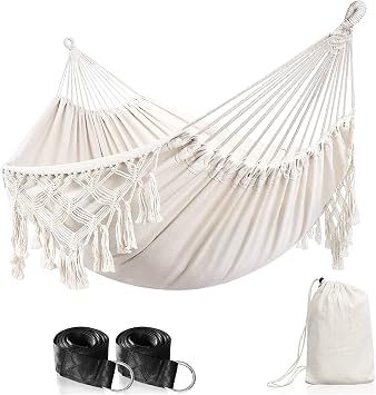 Cotton Hammock with Tassels Portable Compact Outdoor Hammock with Hanging Straps and Carrying Bag, Load 200KG,White