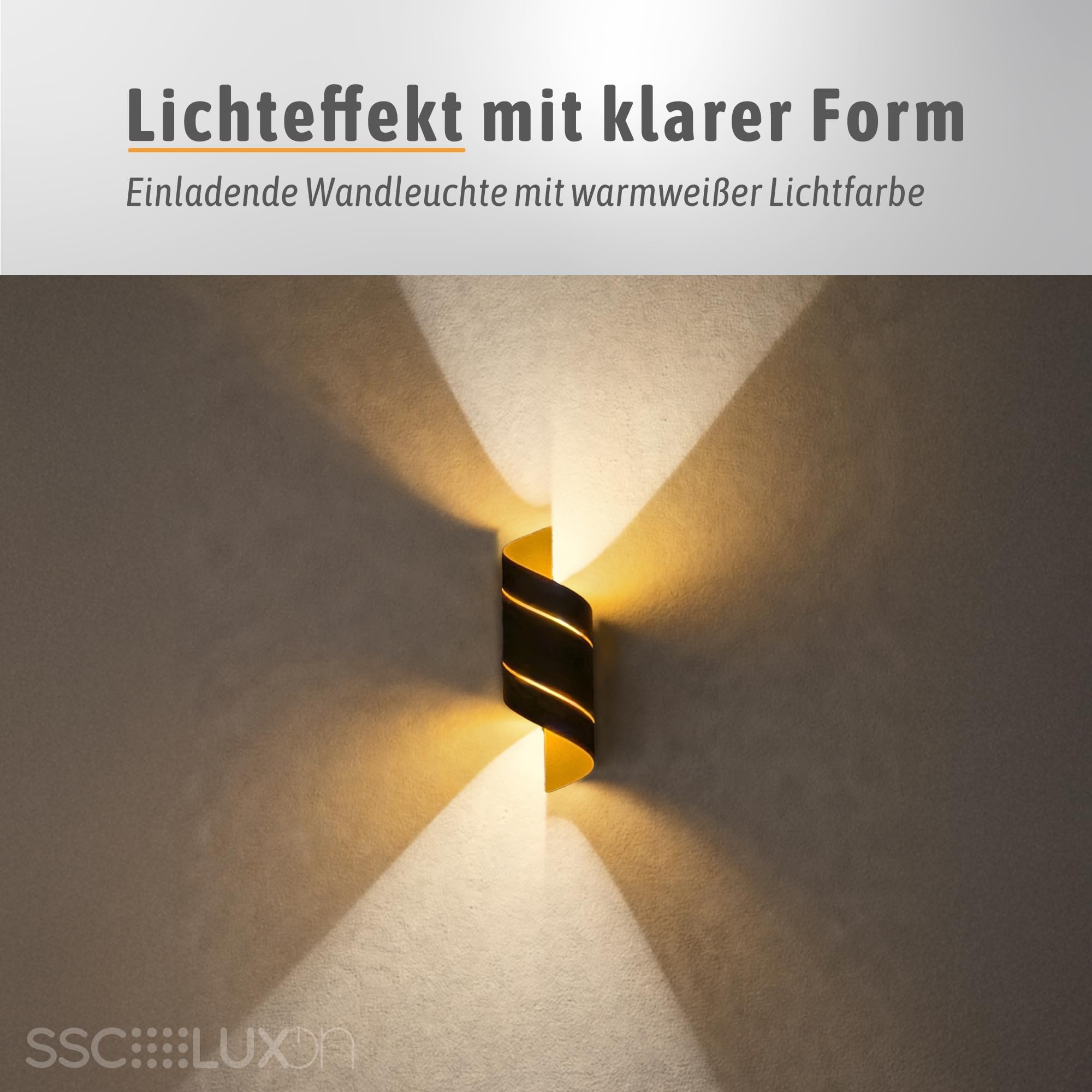 SSC-LUXon REVIA Wandleuchte schwarz-gold 30cm Up & Down warmweiß IP65 | Wandleuchte schwarz-gold mit Spiral-Design - warmweißes Up-Down-Licht, für Innen & Außen, Hauswand, Treppenhaus & Flur, IP65