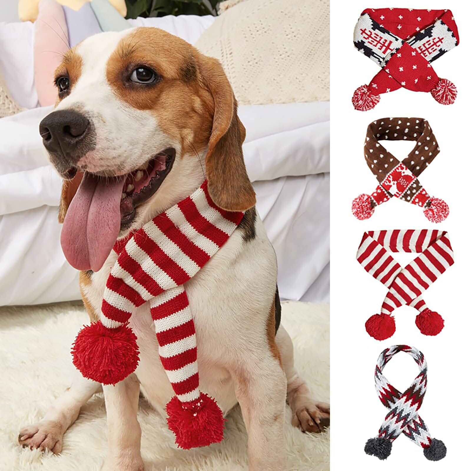 Dog Christmas Scarf Pet Puppy Xmas Knitted Costume Winter Warm Bandanas Neckerchief Cat Neck Warmer Apparel for Holiday Festive (Large, Red White Stripes) Striped