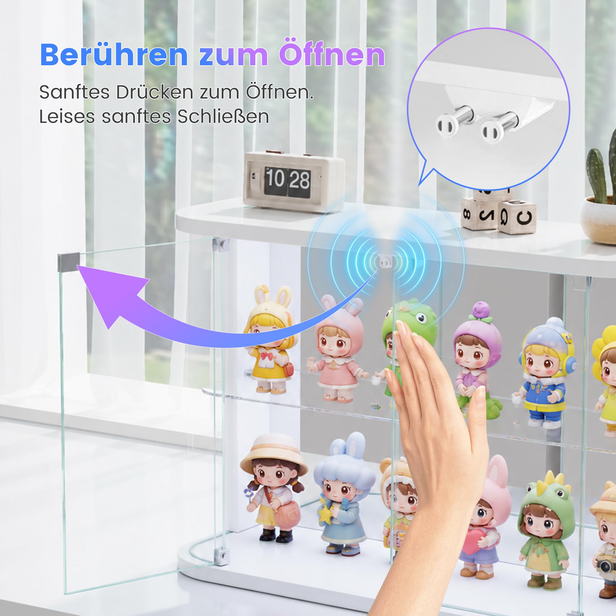 Vlsrka Glasvitrine mit LED Beleuchtung und Glastüren, Glas Vitrinenschrank | Vitrine mit RGB-Licht, Sammlerstücke Präsentieren, Figuren Aufbewahren, Temperglas, Push-to-open, Wohnzimmer Schlafzimmer