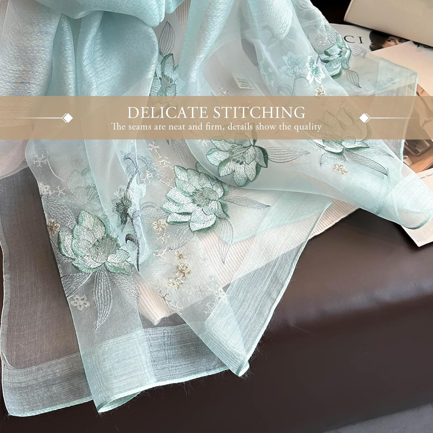 Silk Scarf - Chiffon Scarf With Rose Embroidery, Transparent Tulle, Lightweight Long Shawl Wrap For Spring Autumn - Image 5