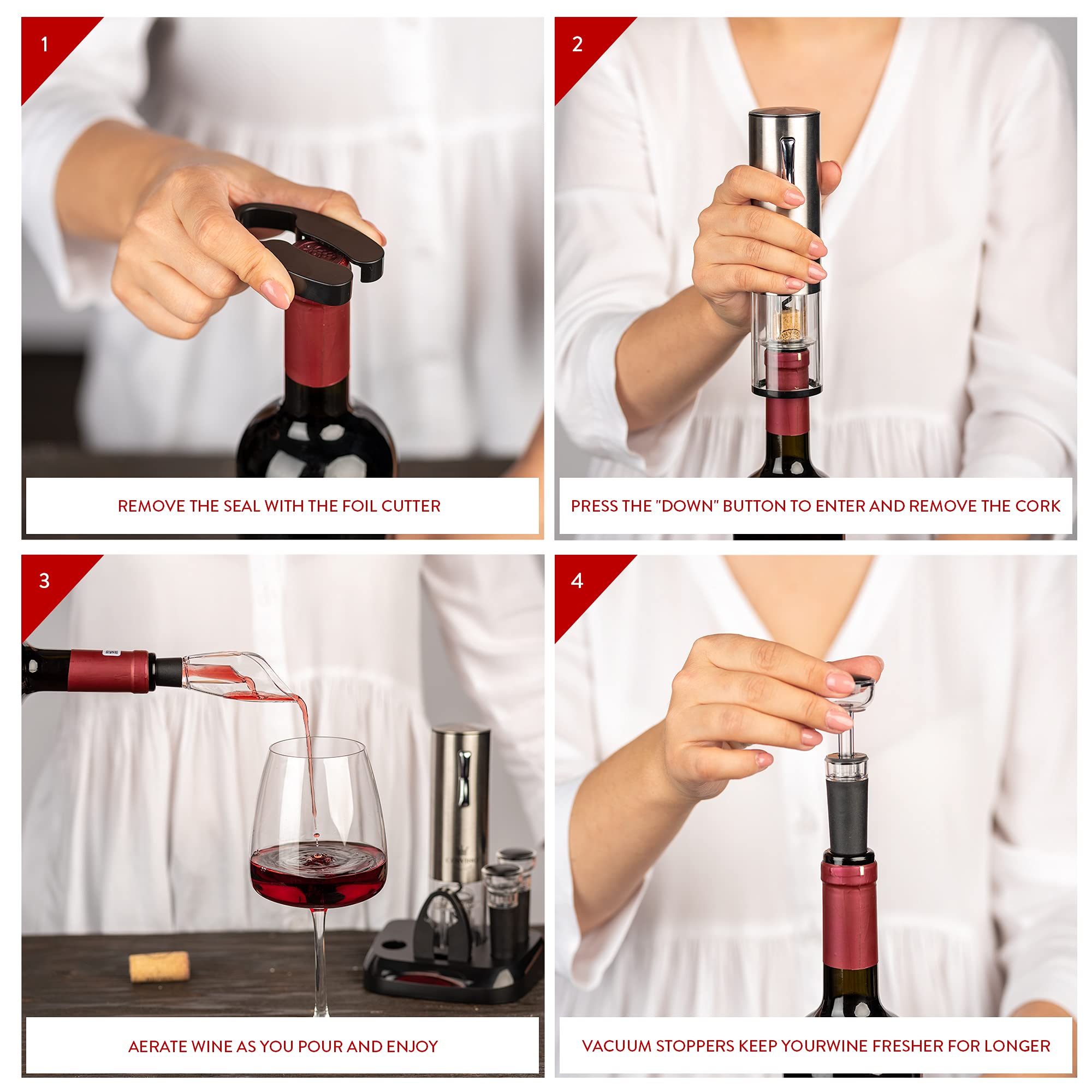Abrebotellas de vino eléctrico de alta calidad con base de carga, diseño italiano de calidad, juego de abridor de vino eléctrico, abridor de sacacorchos, estación de carga de pantalla, un regalo único 7