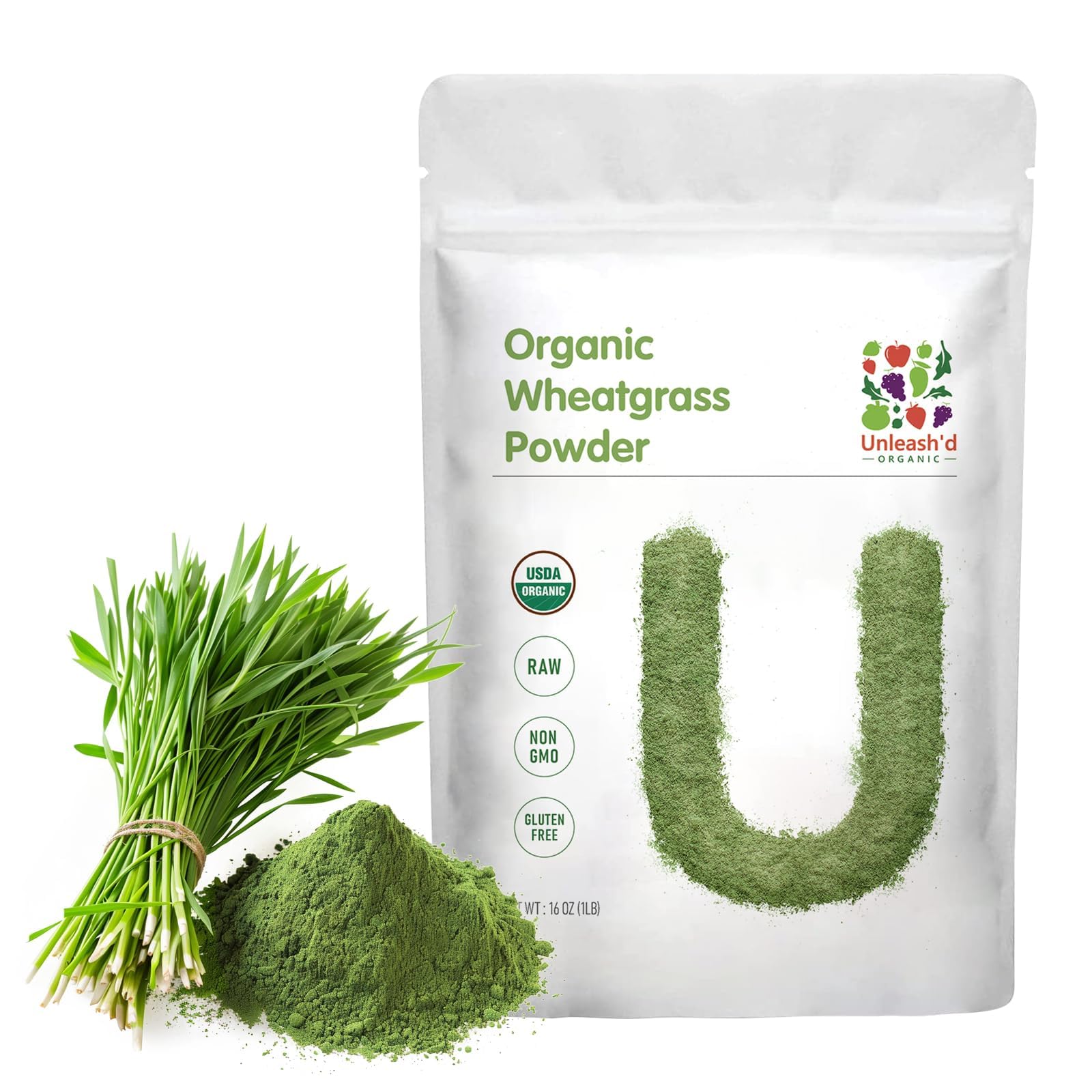 Unleash’d Organic Wheatgrass Powder 16 oz – 100% Pure Superfood, Rich in Vitamins, Fiber & Minerals for Immune Support & Wellness