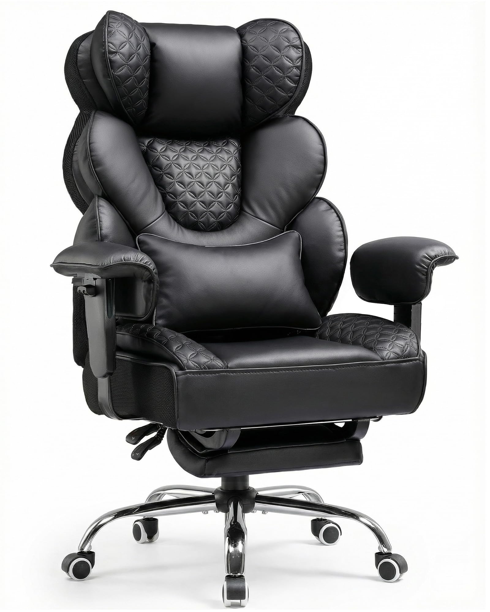 COMHOMA Ergonomischer Gaming Stuhl, Bürostuhl 180 kg, mit Verstellbarer Lendenstütze & Fußstütze, Hybrid-Design aus Kunstleder & Mesh, 150° verstellbare Rückenlehne, hoher Chefsessel, Schwarz