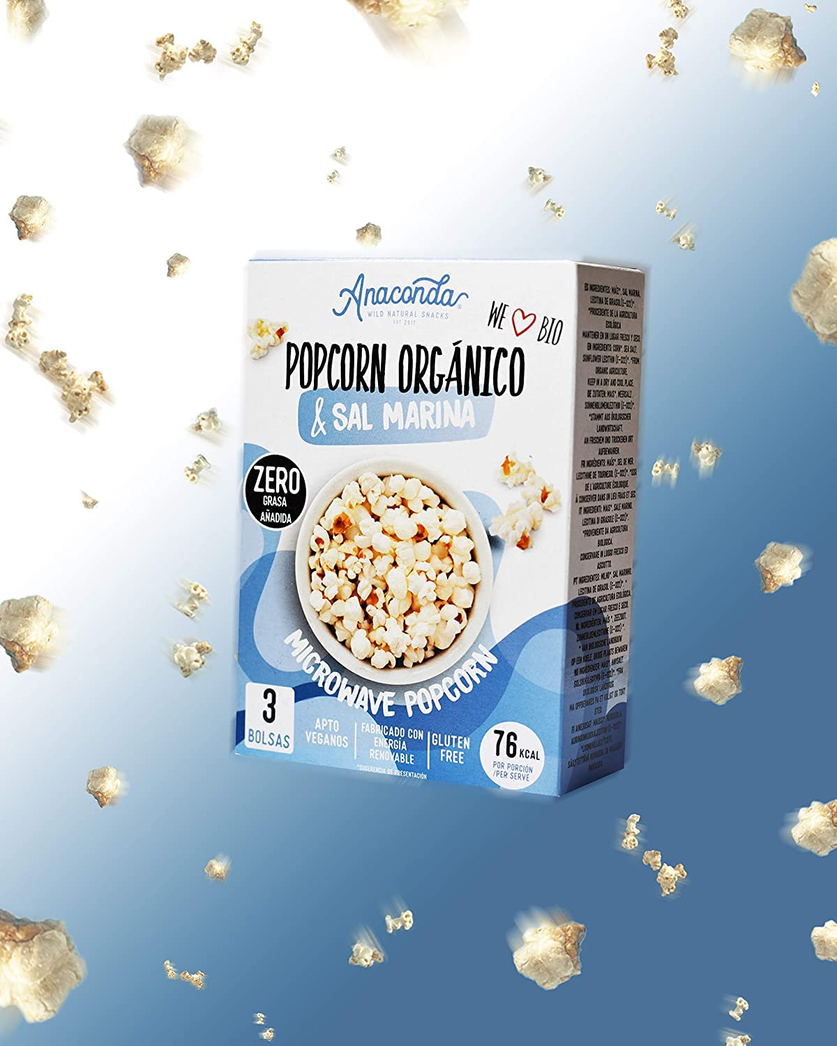 Anaconda Foods - 1 Caja de Palomitas de Maíz Orgánico Bio para Microondas, sabor Sal Marina. ZERO GRASAS. 1 Caja x 3 Sobres 75g