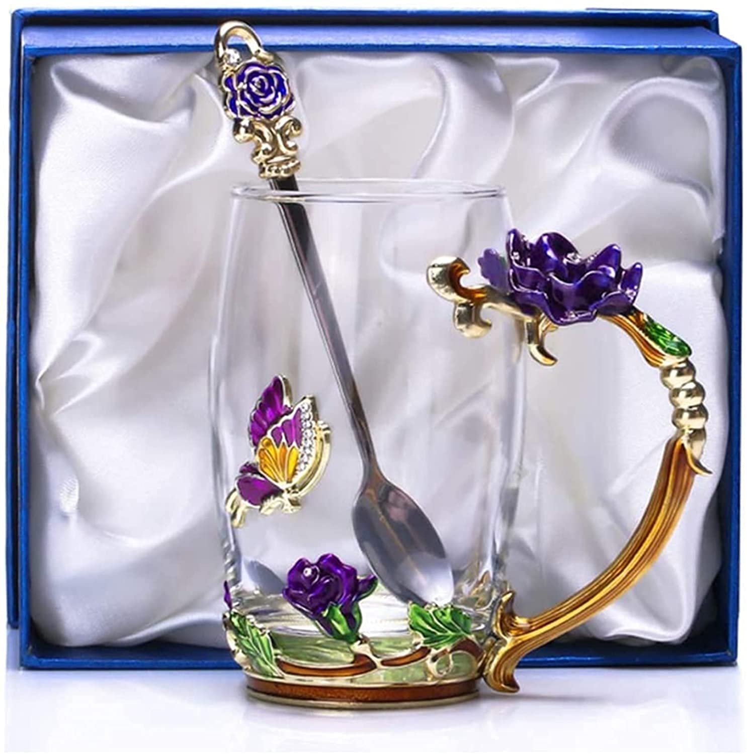Kaffeetassen aus Glas mit Blumenmotiv, Emaille-Glastasse, Emaille-Blumen-Teeglas, Kaffeetasse, Glastasse, Teetasse aus blauem Rosen-Emaille-Kristall, Kaffeetassen aus Glas mit Blumenmotiv, Schmetterli