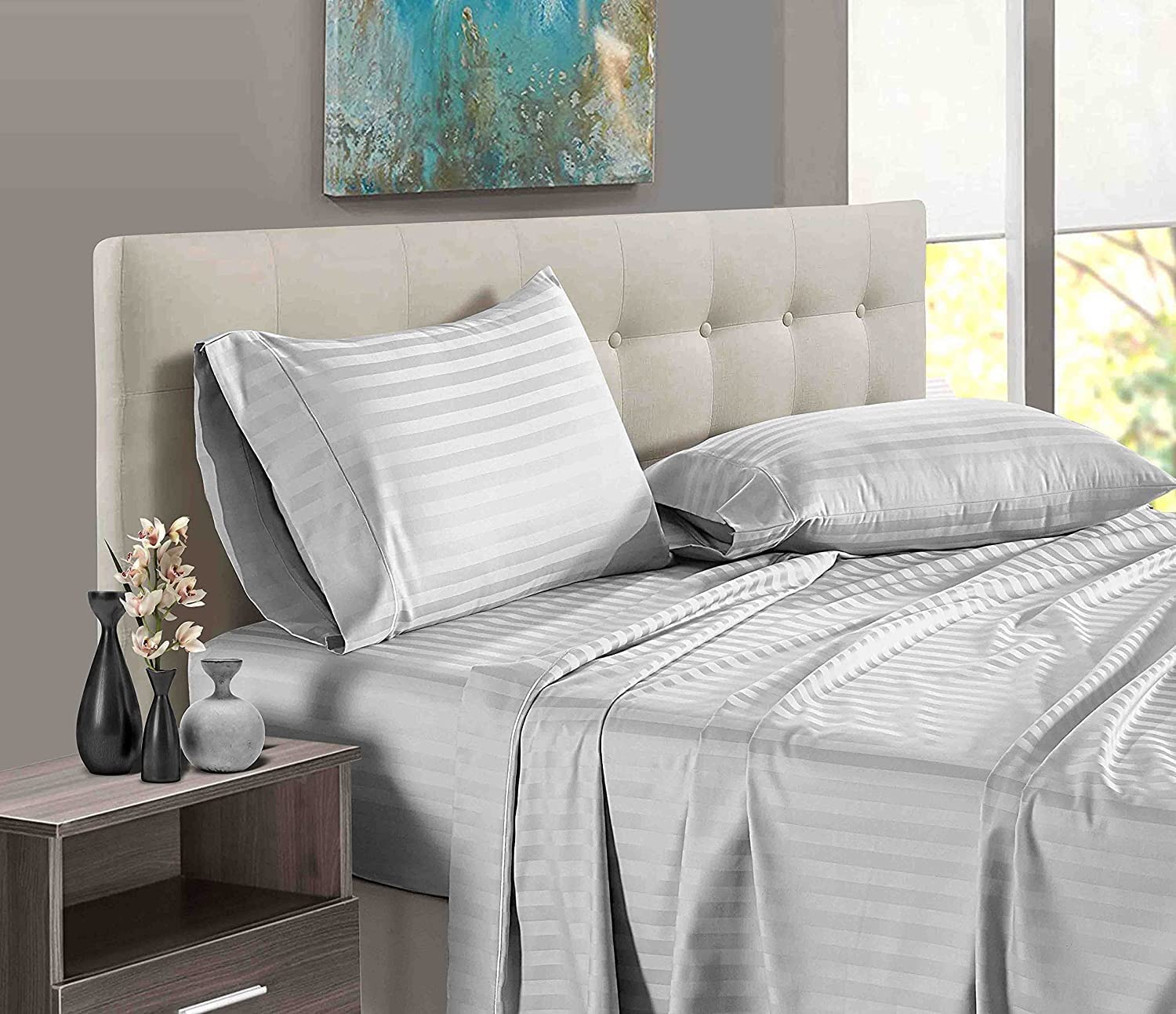 Cool Dealzz 300 TC Cotton Plain Stripes Doublebed Queen Size Bedsheet with 2 Pillow Cover (Light Grey) (B0CXMFZHVV) Amazon Price History, Amazon Price Tracker