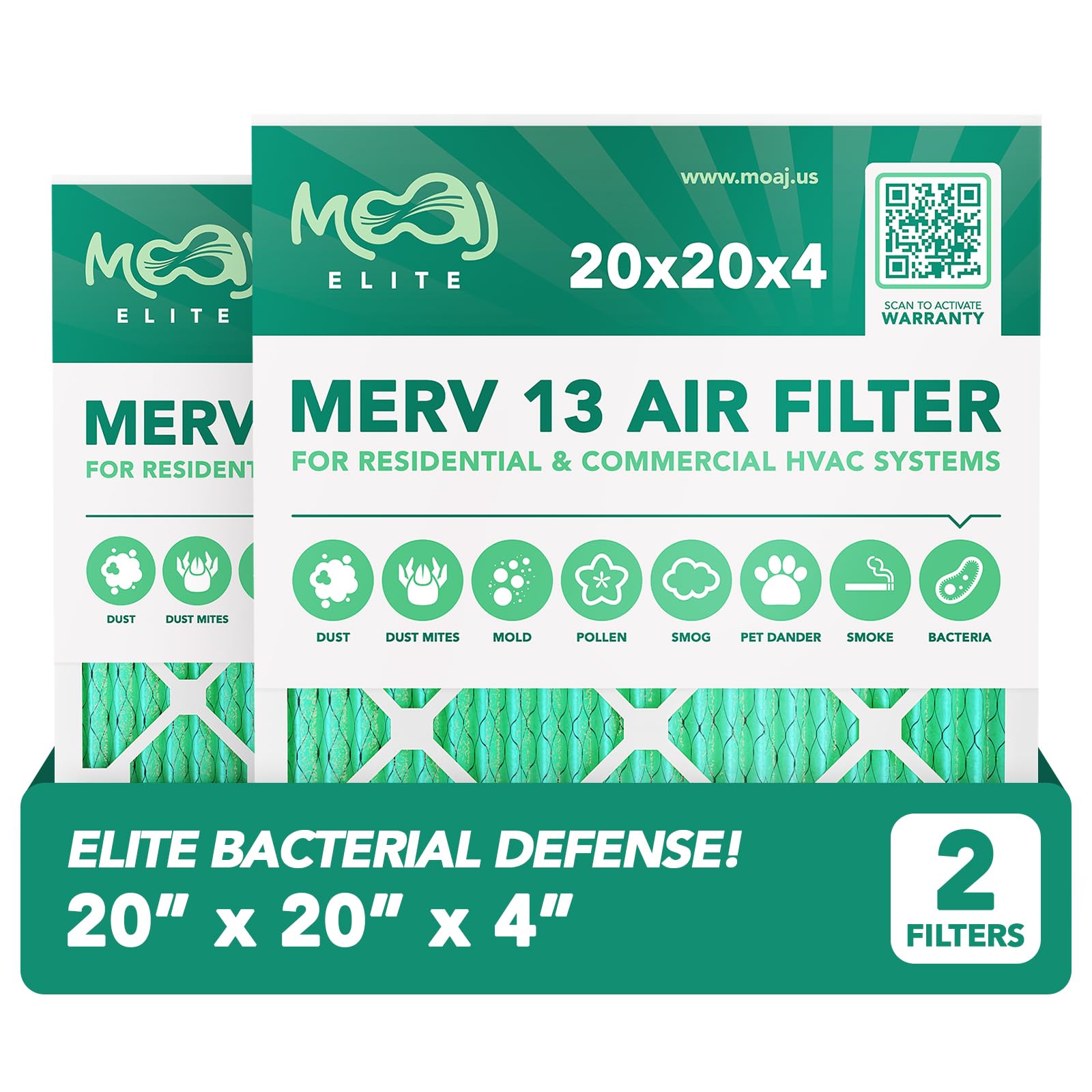 20x20x4 Air Filter (2-PACK) | MERV 13 | MOAJ Elite Bacterial & Viral Defense | BASED IN USA | Pleated Replacement Air Filters for AC & Furnace Applications | Actual Dimensions: 19.88” x 19.88” x 4.31”