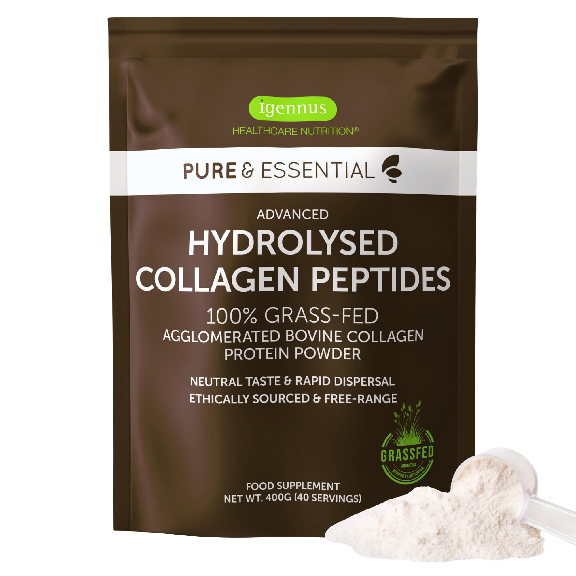 Pure & Essential 100% Grass Fed Bovine Collagen Powder, Advanced Hydrolyzed Collagen Peptides, Collagen Types 1, 2 & 3, Non-GMO, Free Range, Organic, Gluten & Dairy Free, Easy Mix, 40 Servings