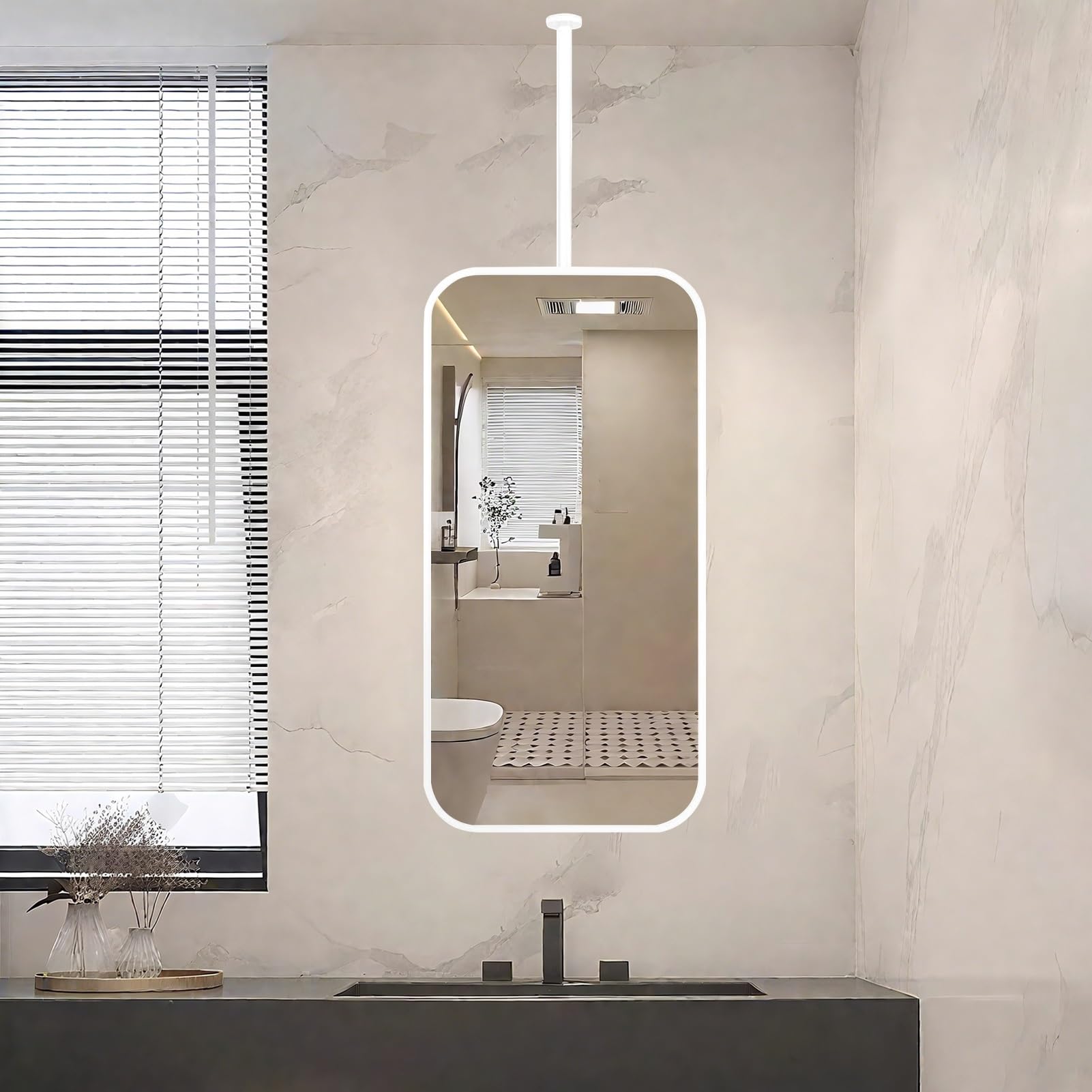 FGXHHS Hanging Wall Mirror with White Metal Frame and Ceiling-mounted Boom, 40cmX70cm 50cmX70cm Suspended Vanity Makeup Creative Decorative for Bathroom(50cmx70cm)
