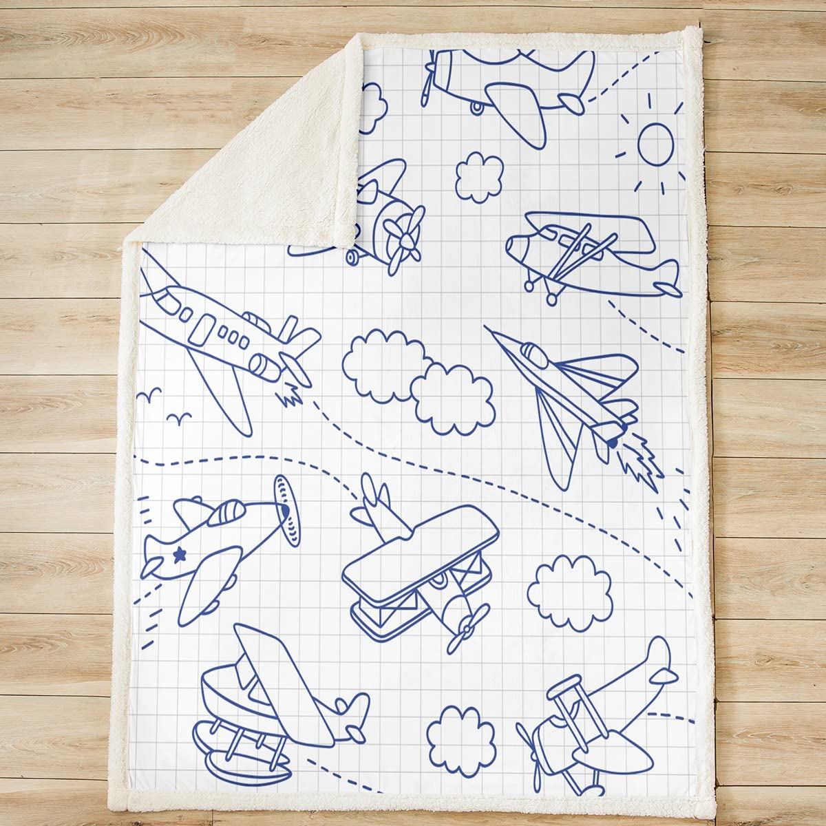 Coperta in pile per bambini, in pile Sherpa, per letto, divano, ragazzi, ragazze, camera da letto, decorazione nuvola, da viaggio, in peluche, per donne, uomini, aerei, blu e bianco, per regina 200 x