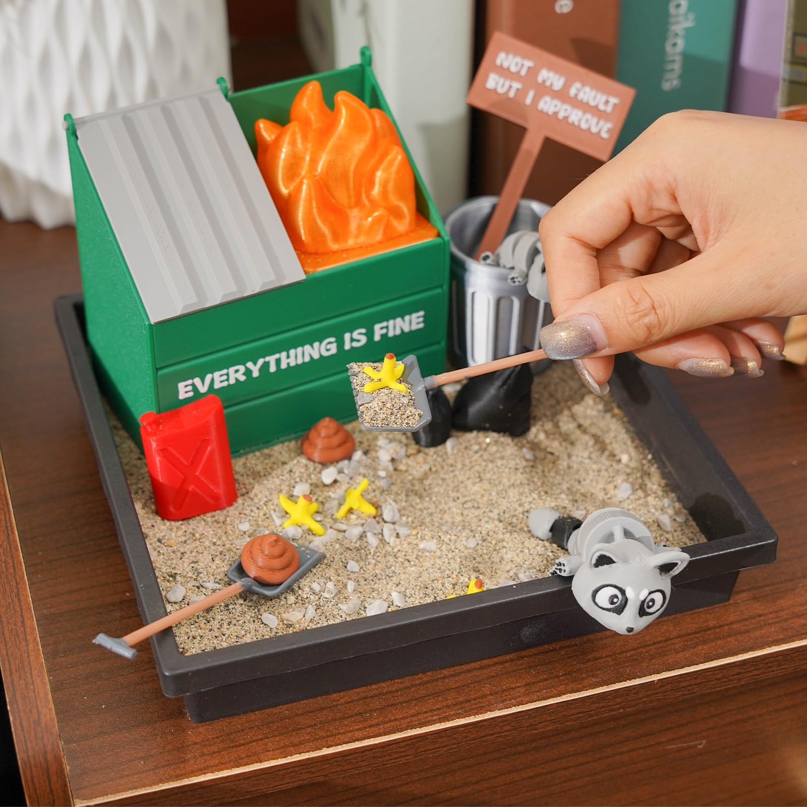 Tian Zhun Dumpster Fire Zen Garden per scrivania LED Mini Zen Garden Divertente vassoio di sabbia Kit terapia regalo ufficio elefante bianco regali bavaglio per colleghi di lavoro uomini capo adulti
