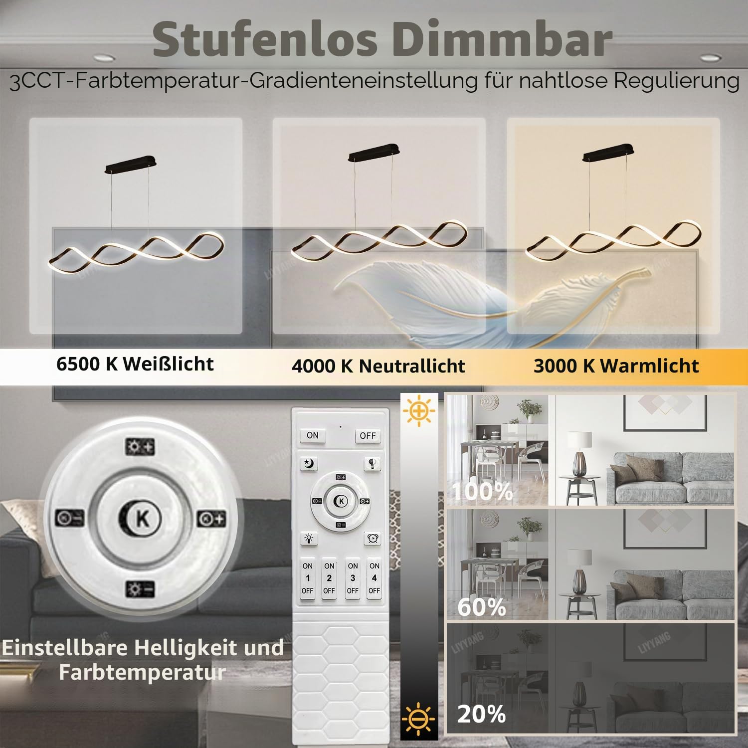 Kreative spiralförmige LED Pendelleuchte Decke Esstisch Kücheninsel Hängeleuchte Esszimmerlampe dimmbar mit Fernbedienung moderner Kronleuchter für Büro Küche Arbeitszimmer (Schwarzes, L80cm)