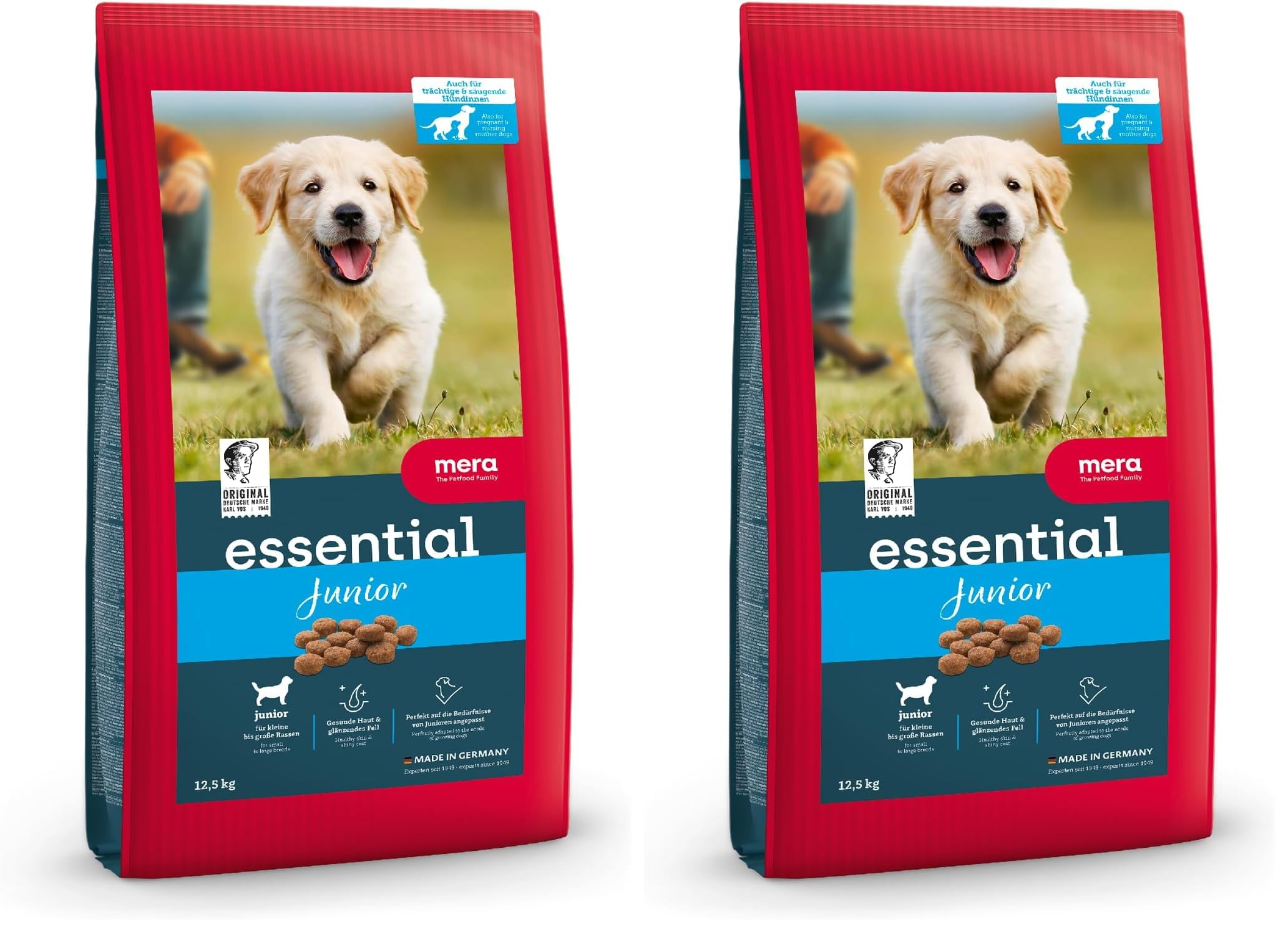 MERA Essential Junior Welpenfutter Trockenfutter 2kg | Hundefutter Trocken für Welpen Aller Rassen & Größen | Omega-3 und Omega-6 für Haut & glänzendes Fell | Dry Dog Food (Packung mit 2)