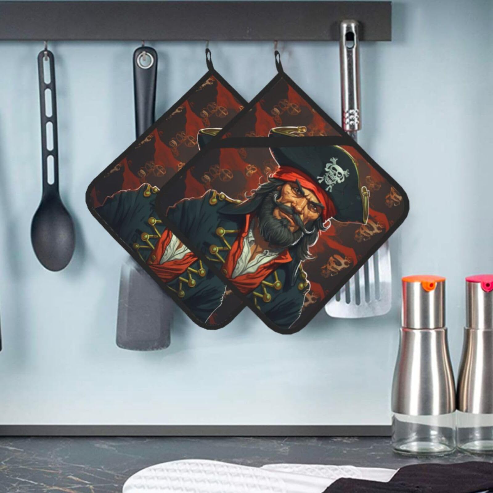2 Pcs Pot Holders for Kitchen Heat Resistant Cotton Potholers Pirate Captain Oven Hot Pads for Microwave Cooking Baking BBQ