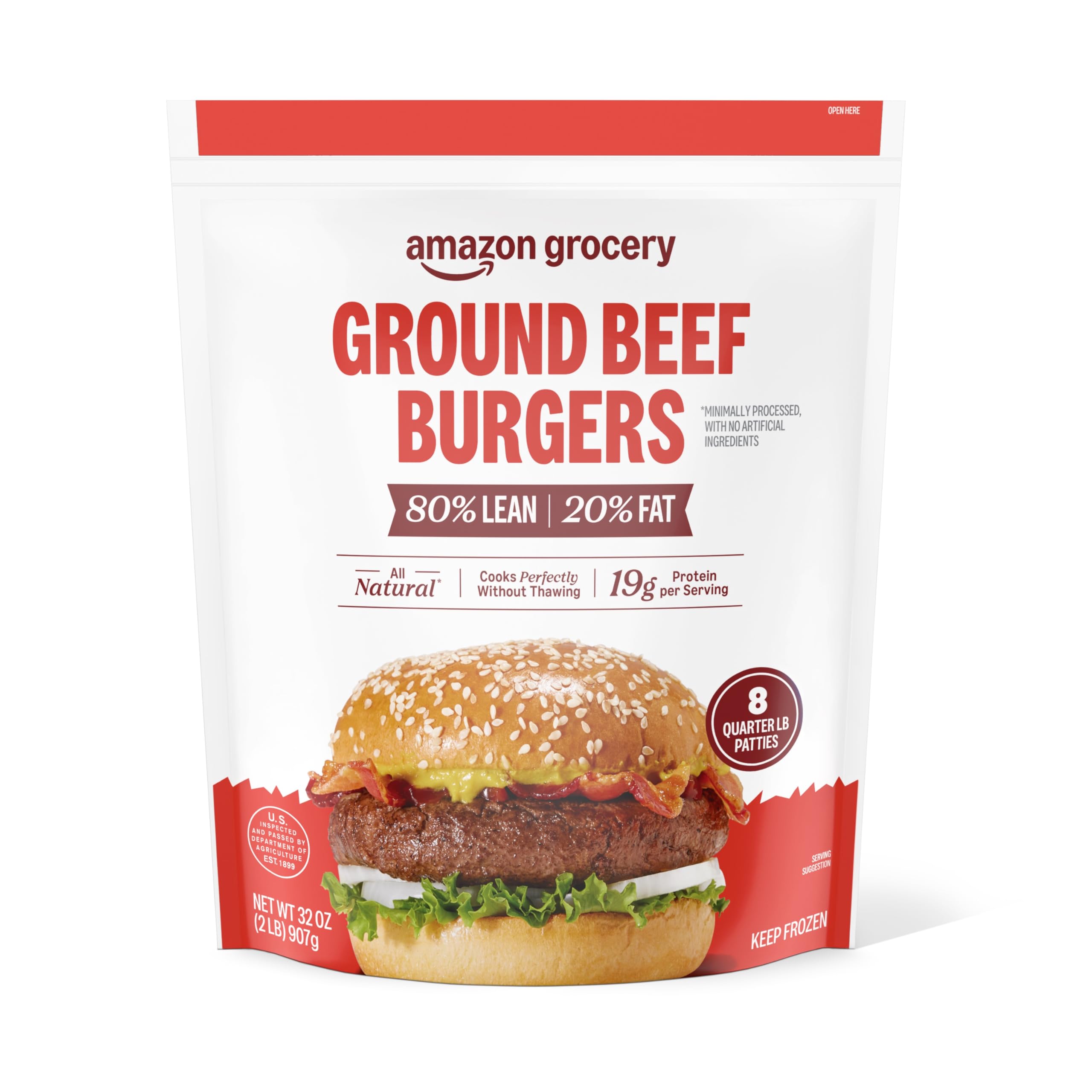 Amazon Grocery Ground Beef Burgers 80 Lean 20 Fat 32 Oz 8 Ct Frozen Previously Fresh Brand Packaging