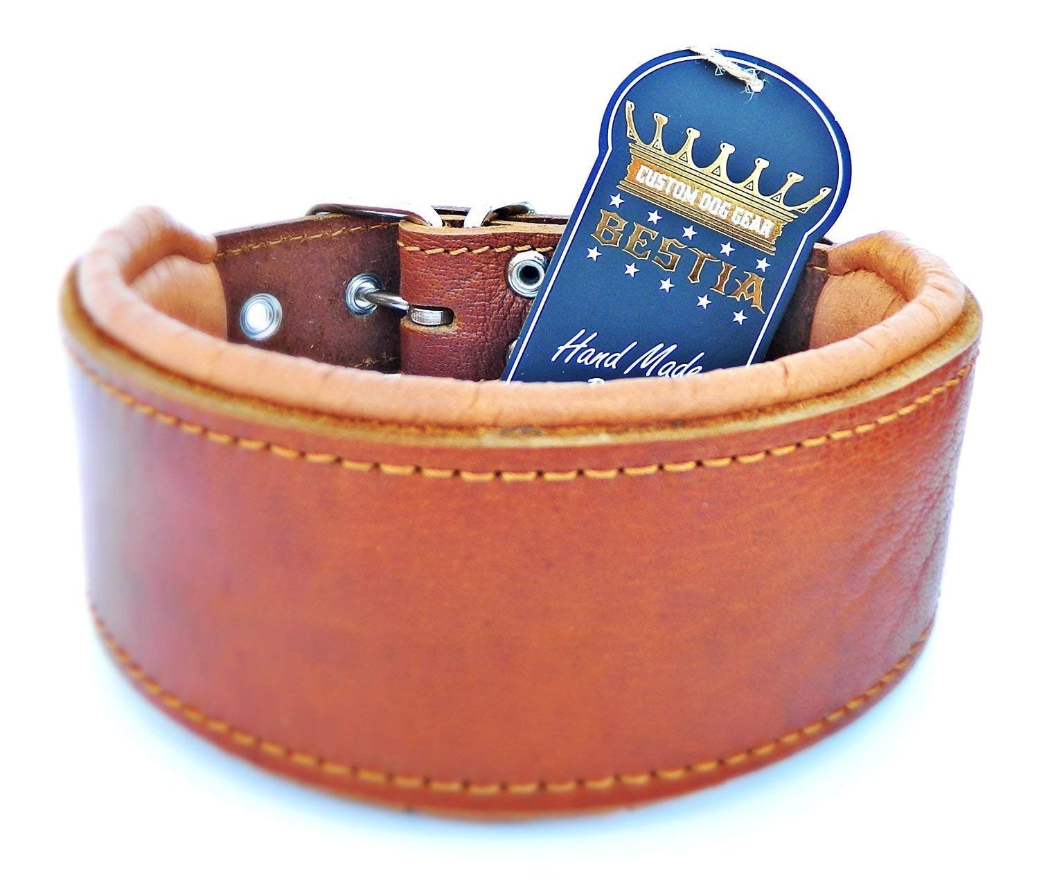 Bestia Echtleder Hundehalsband mit weicher Leder Innenpolsterung. 6,5 cm breit. Passfit. 100% Echtleder. komplett braun. Größen M, L, XL, XXL
