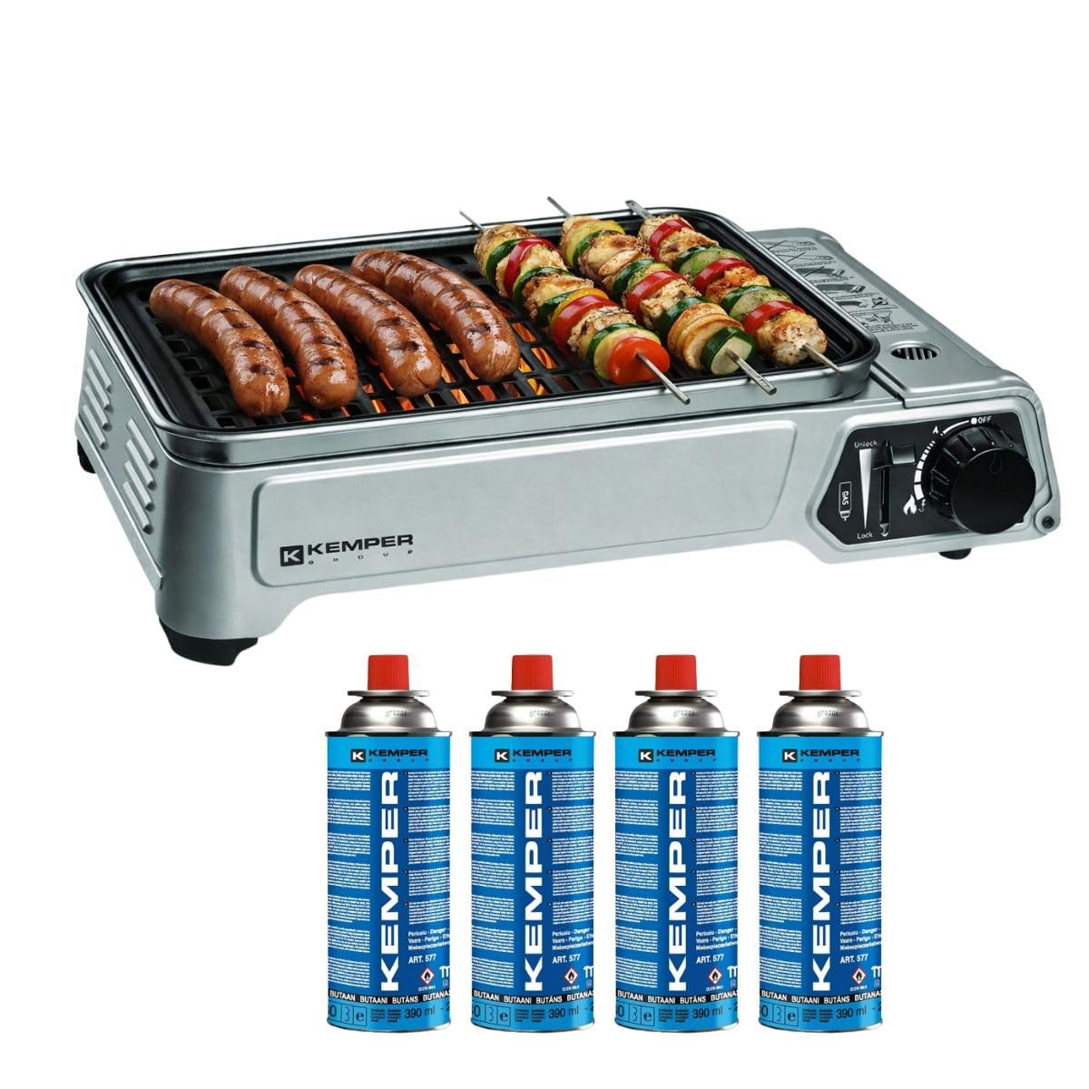 KEMPER Barbecue Portable à Gaz 1900W Allumage Piézo Plaque Grill Anti-Adhésive Kit 4 Cartouches Gaz Camping Mallette Transport