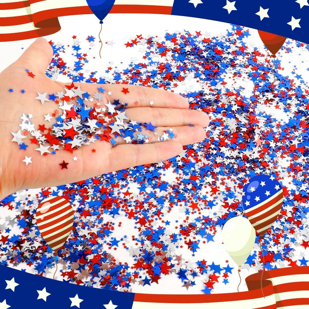 4th of July Confetti, Red White Blue Star Confetti, 60g Metallic Glitter Foil Sequins Patriotic Table Scatter Independence Day Star Sprinkles for Fourth of July Memorial Day American Party Supplies