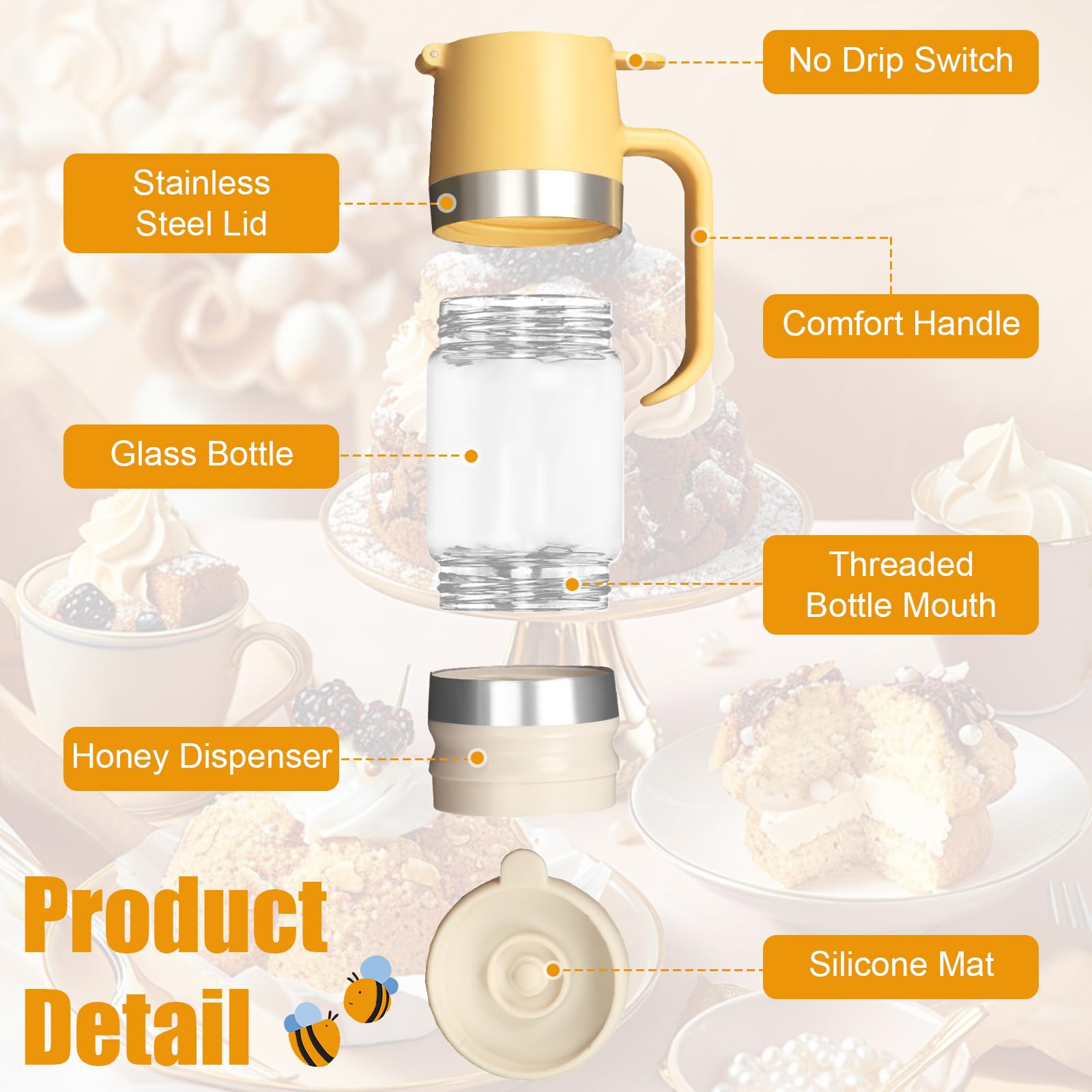 Porta Miele Vetro Con Dosatore Distributeur De Miel En Verre 9 Oz Anti- Goutte - Valve Silicone - Pour Sirop, Café, Thé - Facile à Nettoyer Et Remplir Accessoire Cuisine Miel