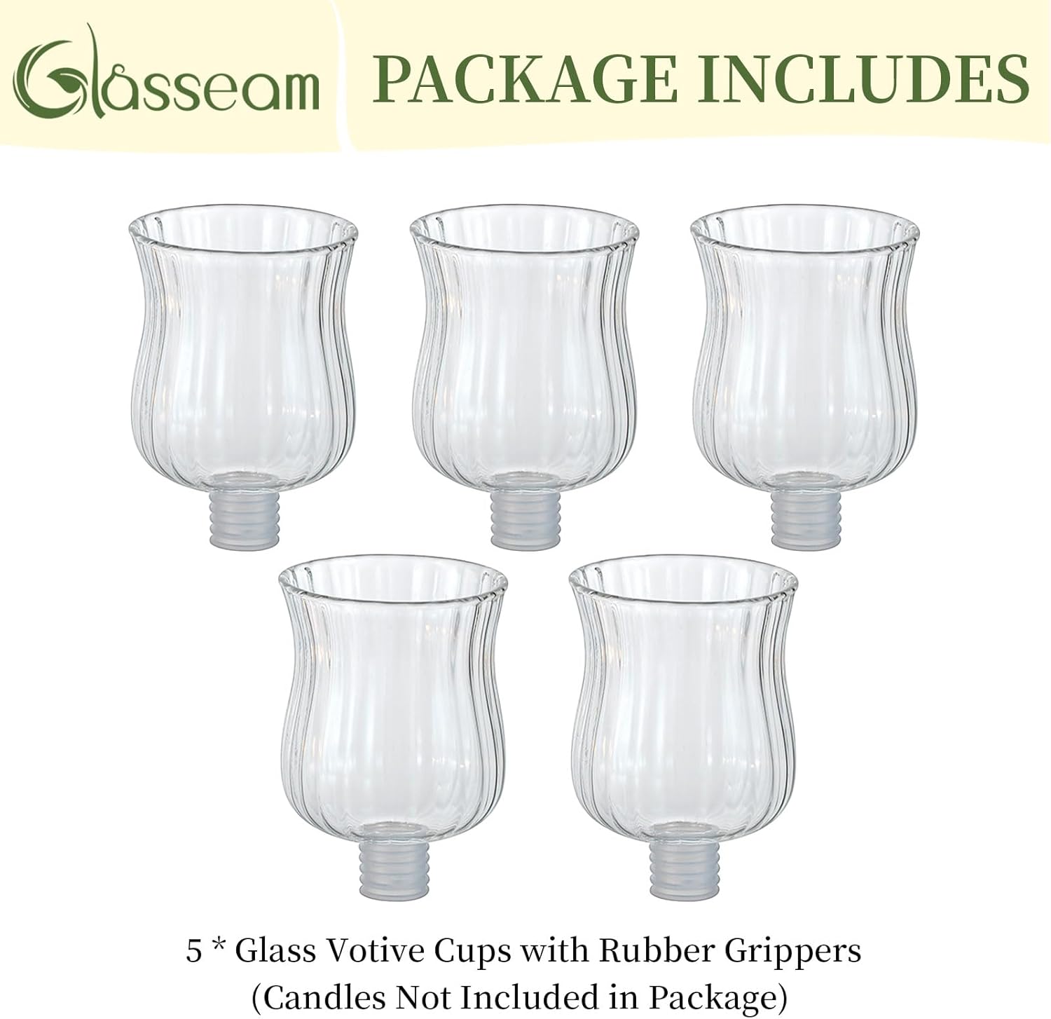 Glasseam Glass Votive Cups with Pegs: Set of 5 Shabbat Votive Candle Holders Bulk with Rubber Grippers Ribbed Glass Clear Candle Cups for Candlestick Holders Shabbos Party Centerpiece Decoration