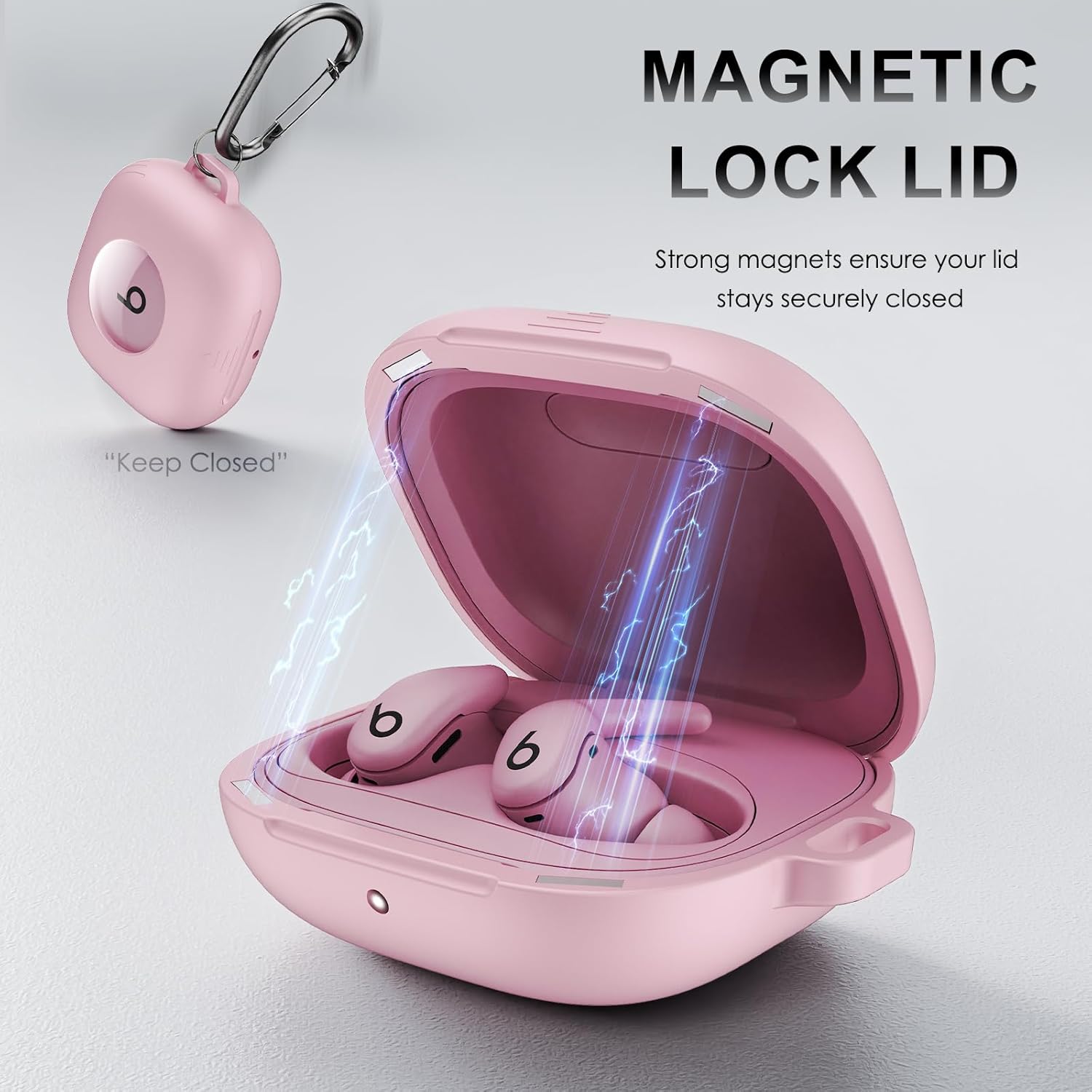 Compatible with Beats Powerbeats Fit Case Cover, Shockproof Magnetic Case for Powerbeats Fit 2025 Earbuds, Magnetic Lock Lid Protective Cover with Cleaner Kit & Carabiner (Pink) - Image 3