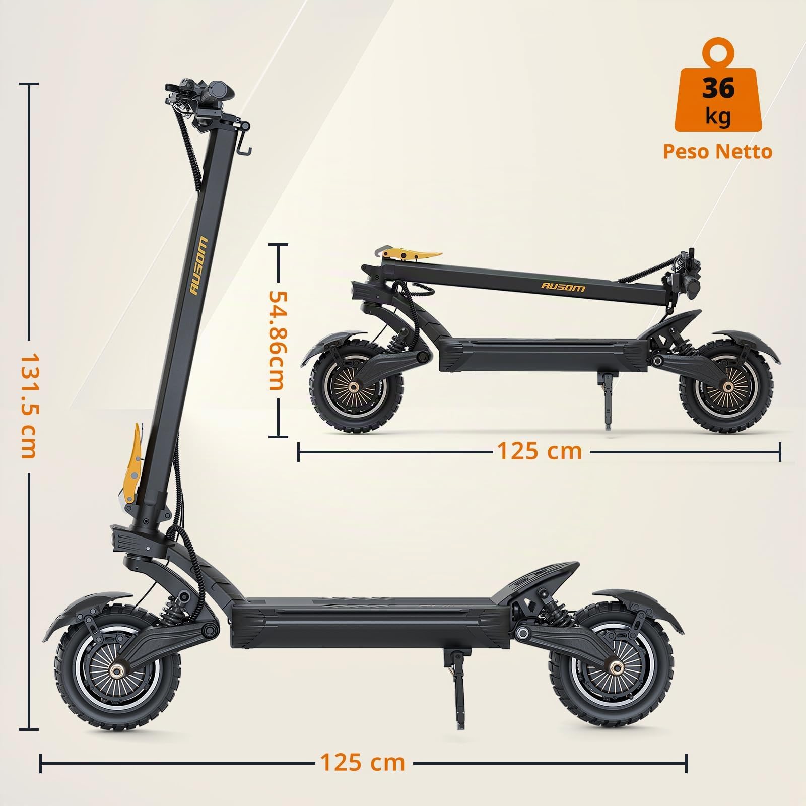 Monopattino Elettrico Ausom F1 Max, Dual Motor, Batteria 60V 20.8Ah, Resistenza fino a 100 km, Pneumatici Da 10x3.0 Pollici, Monopattino Elettrico Adulto Pieghevole