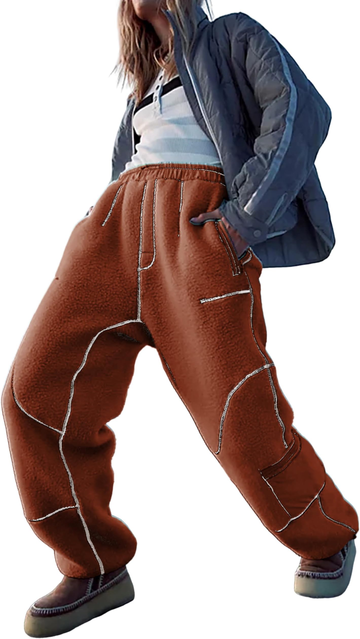 YeokouWomens Winter Warm Outdoor Lounge Pants Stylish Joggers Sherpa Fleece Lined Sweatpants Pockets Relaxed Activewear