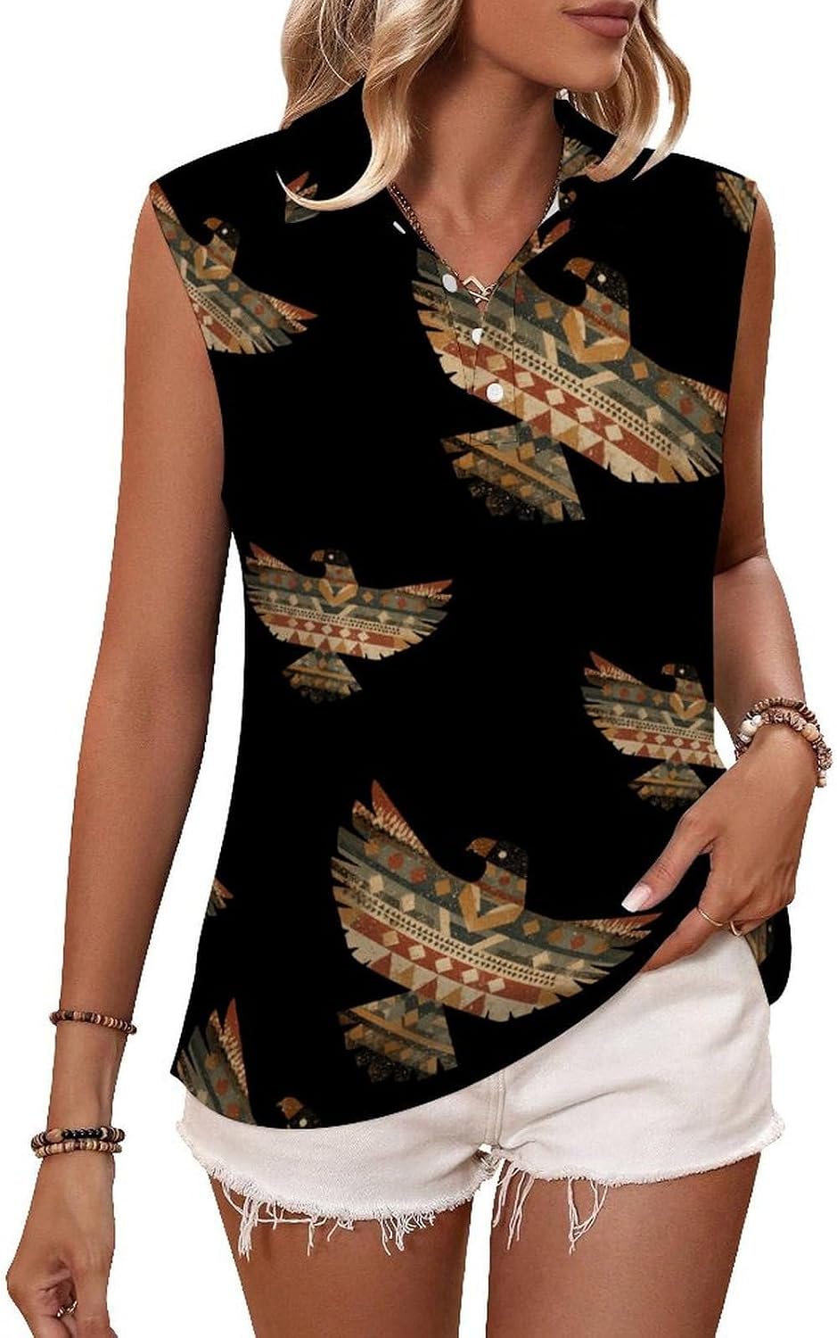 Vintage Native U.S.A Thunderbird Womens Sleeveless V Neck Golf Polo Shirts | Collared Tank Tops