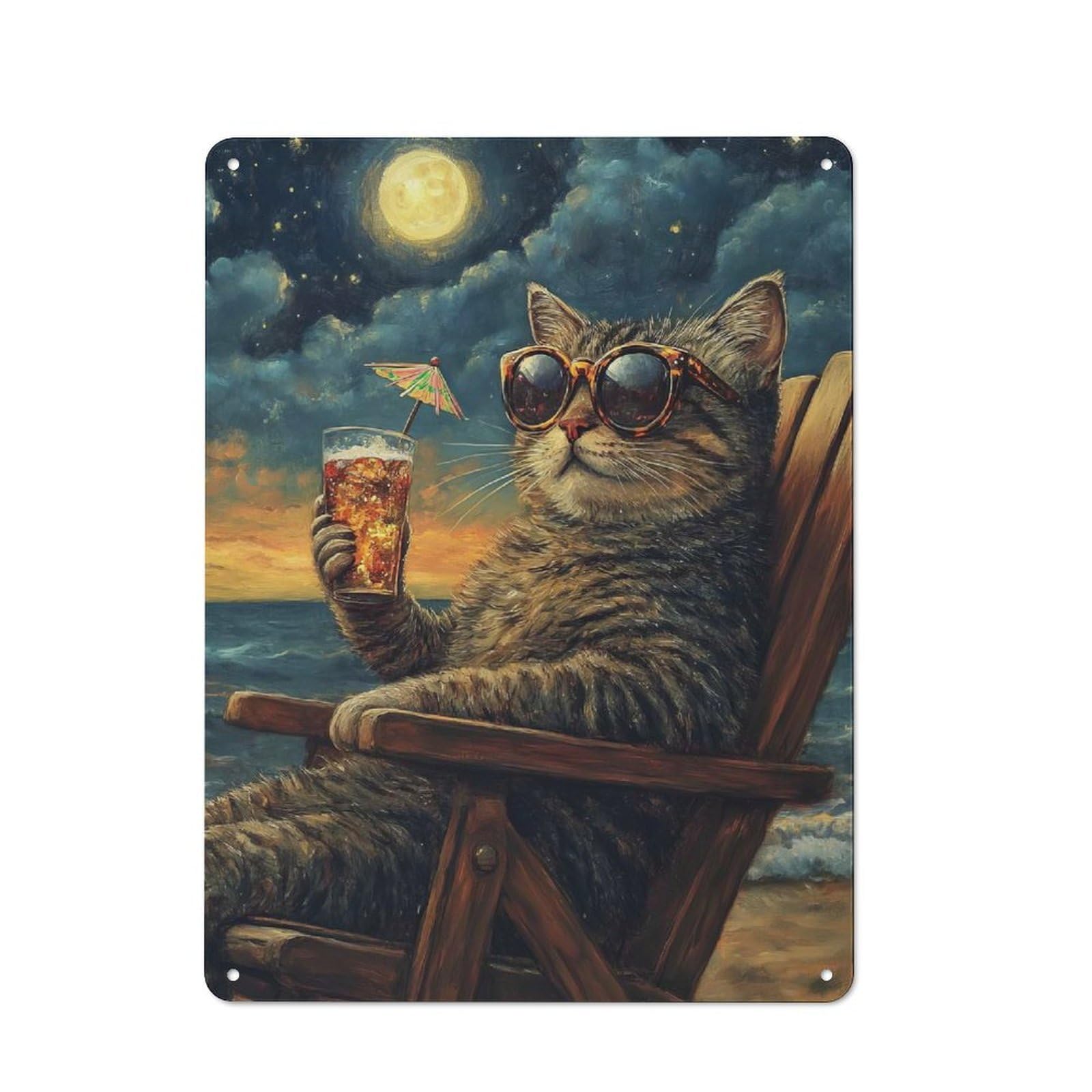 Country Cool Cat Beach Sunset Farmhouse Metal Sign 40x30cm, Farmhouse Wall Decor for Dining Room, Cafe, Entryway Or Family Room