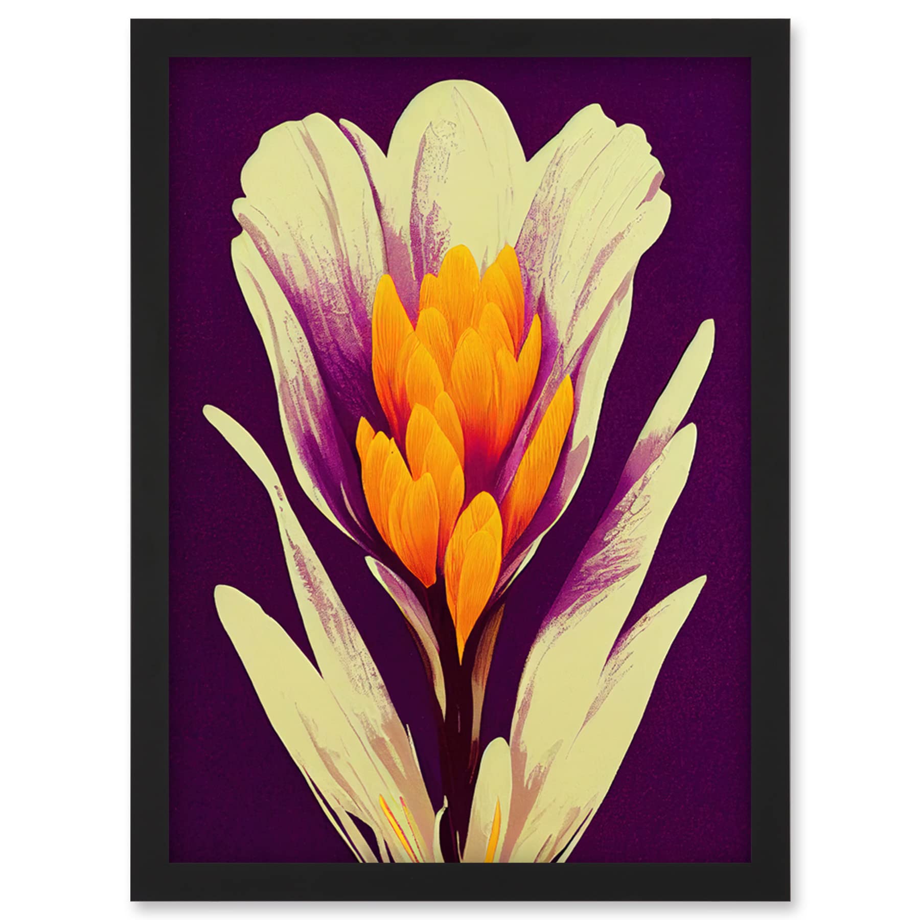 Wee Blue Coo Vibrant Saffron Crocus Flower Abstract in Violet Orange Cream Artwork Framed Wall Art Print A4
