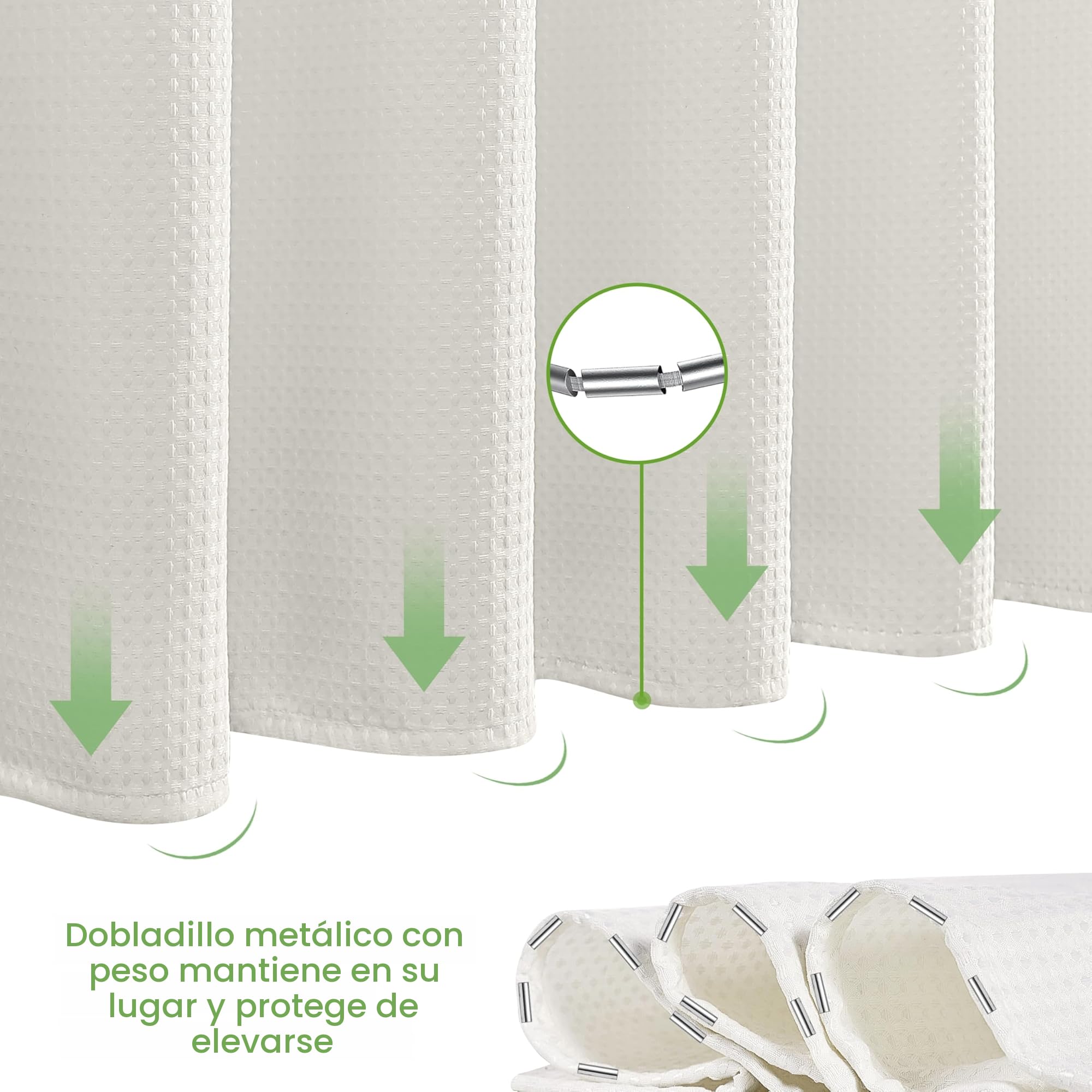 Cortina de Ducha para Baño con Ganchos de Metal Cortina de Ducha de Tela Waffle Cortina de Baño Resistente para Cabina de Ducha de Bañera, Resistente al Agua - 92 x 182cm (Crema) — view 6