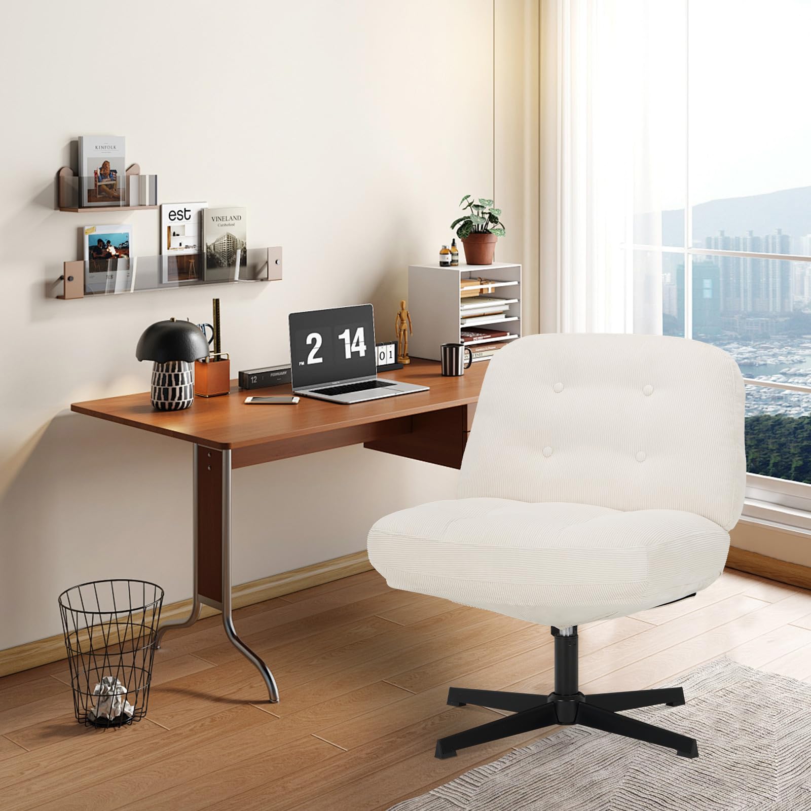 COLAMY Silla de Oficina ergonómica sin Ruedas, Silla de Sastre, Silla Cruzada, giratoria 360°, sillas reclinables para salón, tocador, para Oficina en casa, Color Blanco