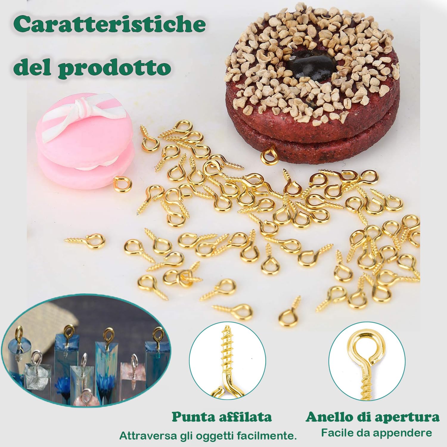 400 pezzi piccoli ganci per viti, Mini Perni Filettati Occhielli a Vite Acciaio Inossidabile Occhi a vite piccoli Viti Filettati per La Resina, Gioielli, Perlina e Plastica (oro)