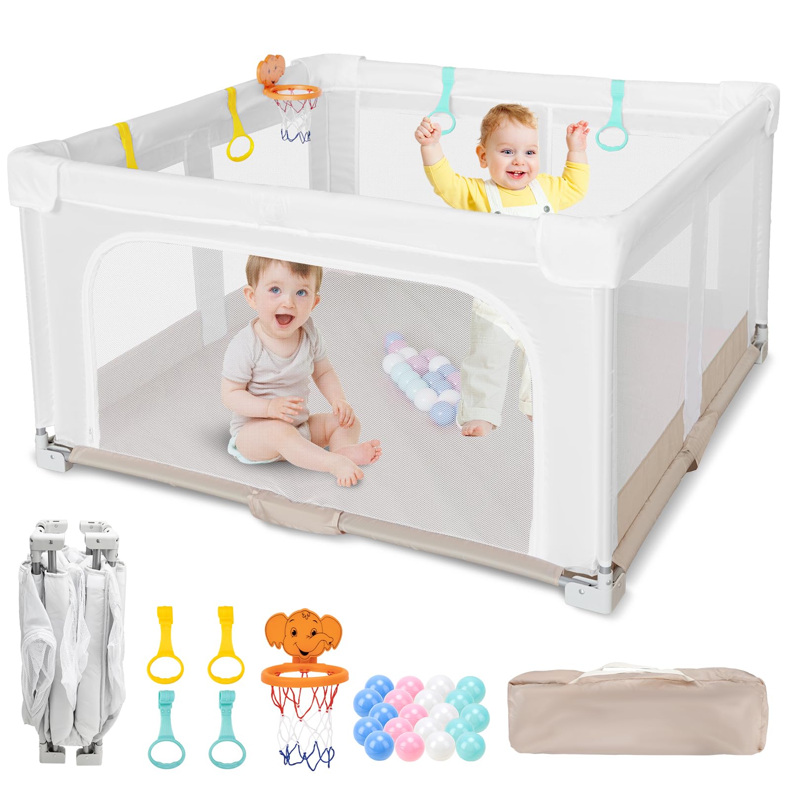 Großer und Faltbarer Laufstall für Baby: 127 x 127 x 70 cm Playpen,für Drinnen und Draußen,mit 20 Bällen,1 Basketballkorb,4 Griffen und 1 Reisetasche – Idealer Spielbereich für Kinder