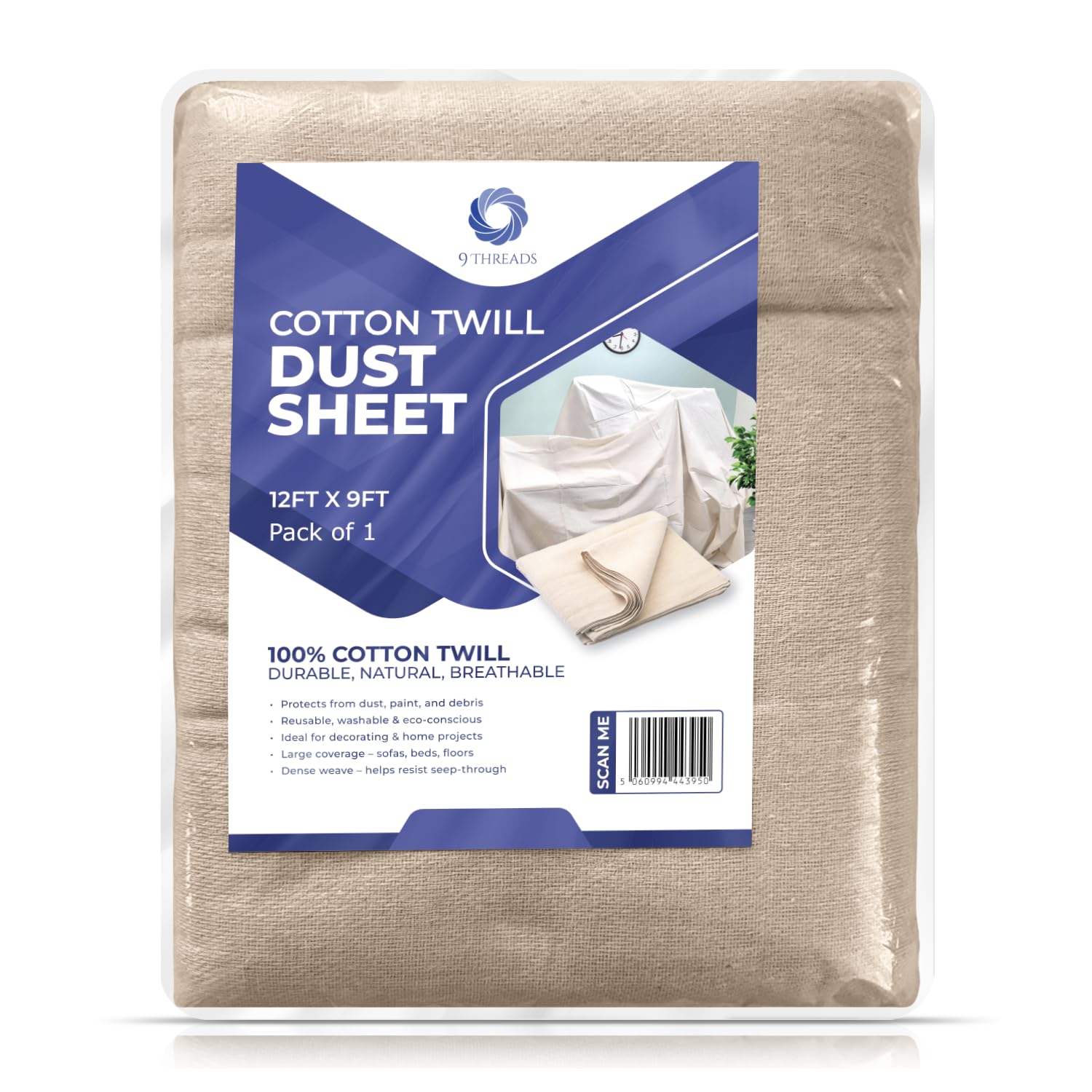 9Threads Cotton Dust Sheets 12'x9'| Heavy-Duty Cotton Twill Drop Cloths | Washable & Reusable for Decorating, Furniture & Floor Protection(Cotton Twill Pack of 1)