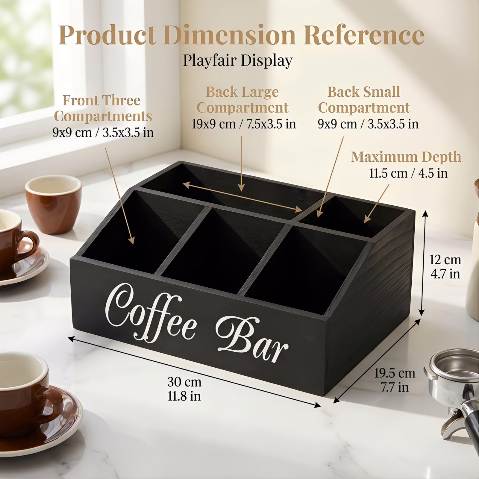 Organizador de Café y Té de Madera de Tung con 5 Compartimentos Estación de Condimentos de Café 30x19,5x12cm Rincon del Cafe para Ordenar Vasos Cucharas Capsulas Azucar con Base Antideslizante