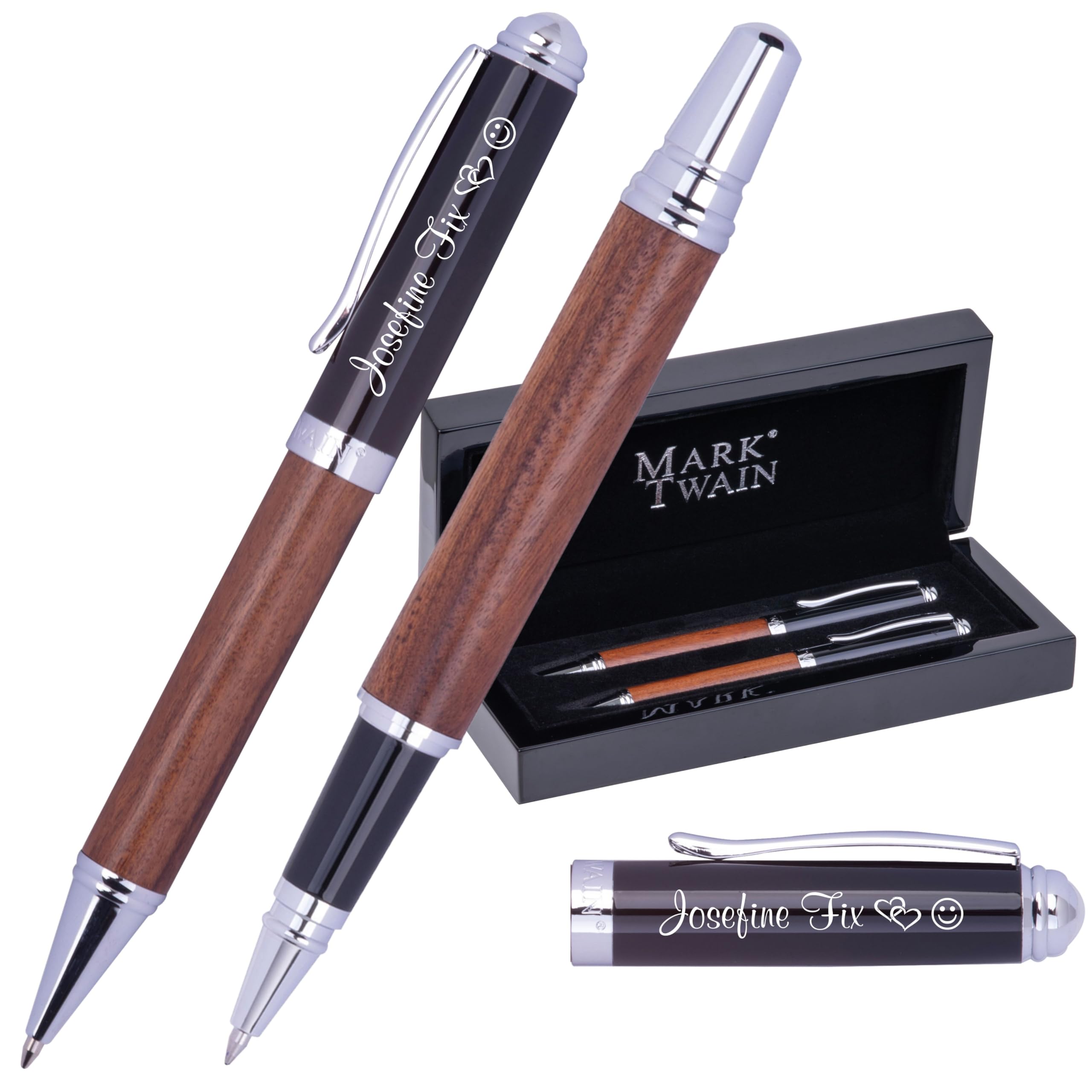 Schmalz Mark® Twain Holz Schreibset LORENZO – Geschenkset mit Kugelschreiber & Tintenroller aus Metall – Edles Stifte Set für Damen & Herren, ideal als Geschenk & für Büro, personalisierbar