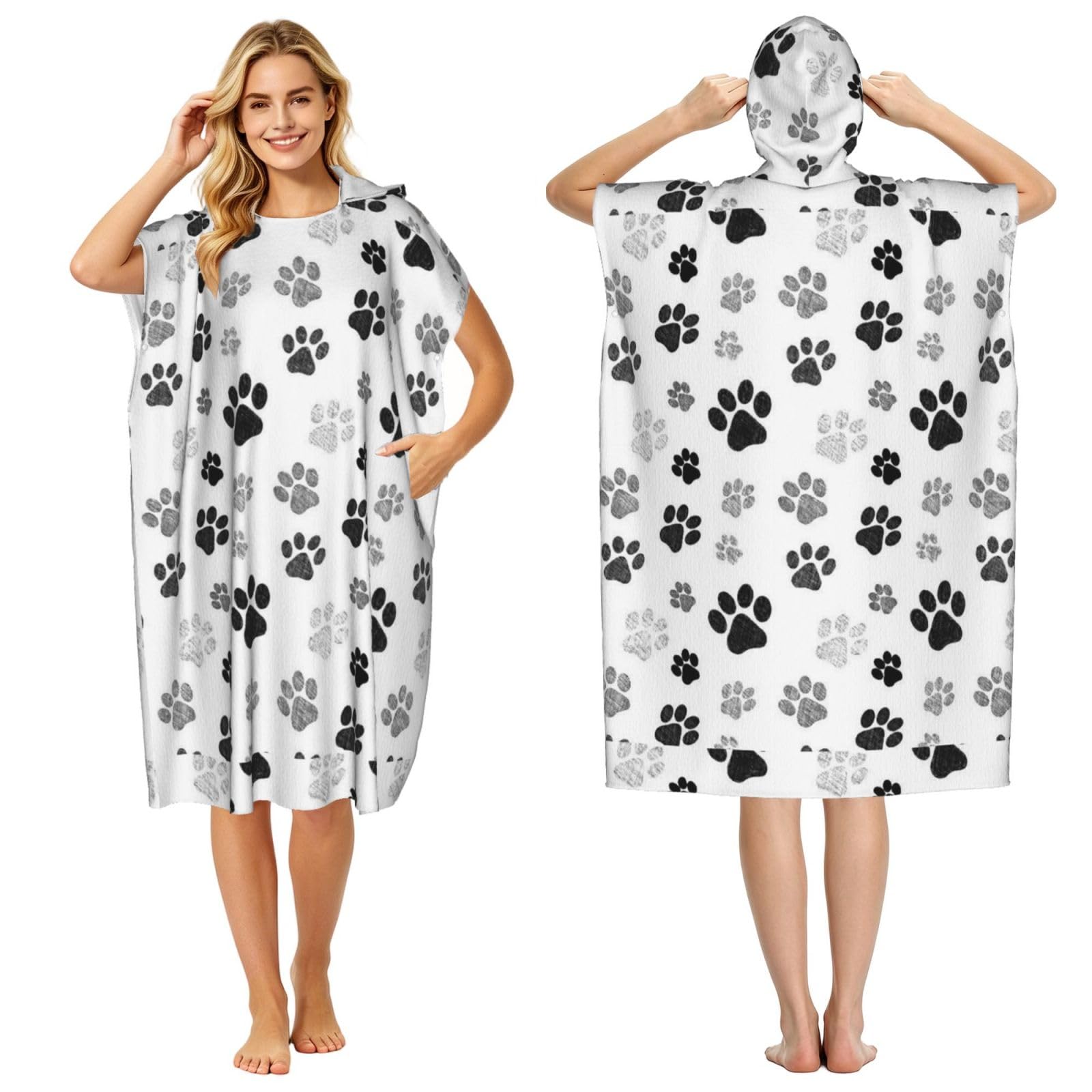 Poadnly Dog Paw Print, Adult Hooded Beach Towel 90 x 110 cm,Changing Bath Robe, Surf Poncho Towel For Women Men