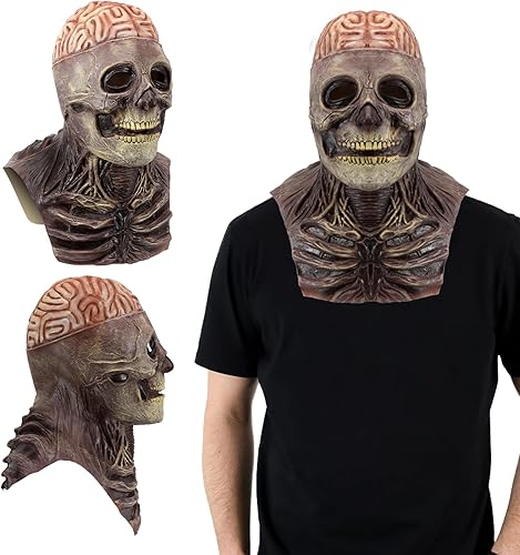 Pigmiss Máscara de calavera de cabeza completa, máscara de esqueleto espeluznante de cerebro desnudo aterrador, máscara de terror realista, para