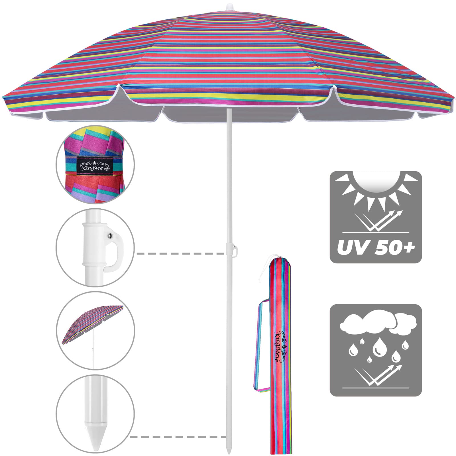Kingsleeve Parasol UV 50+ sac de transport - Grand parasol de plage imperméable - Inclinable - Réglable en hauteur - Piquet de terre - Pour balcon, plage - Rond - Multicolore