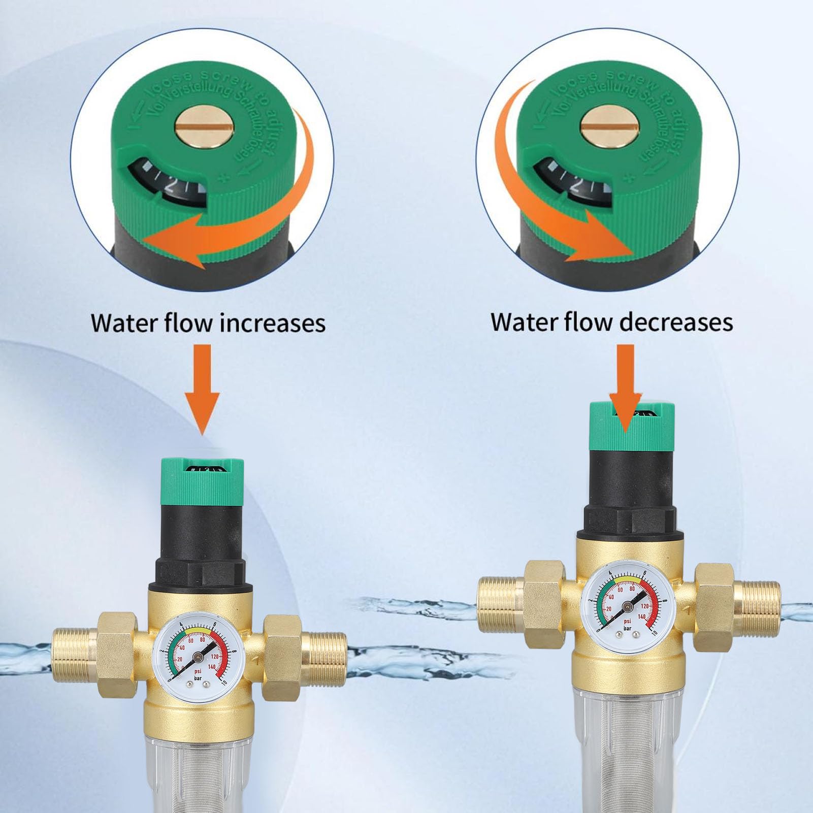 Mosiężny Zawór Regulacyjny Ciśnienia Wody Mosiężny Regulator Ciśnienia Wody Filtr 40 Mikronów z Manometrem Adapter 1-calowy i 1/2-calowy do Armatury Domowej