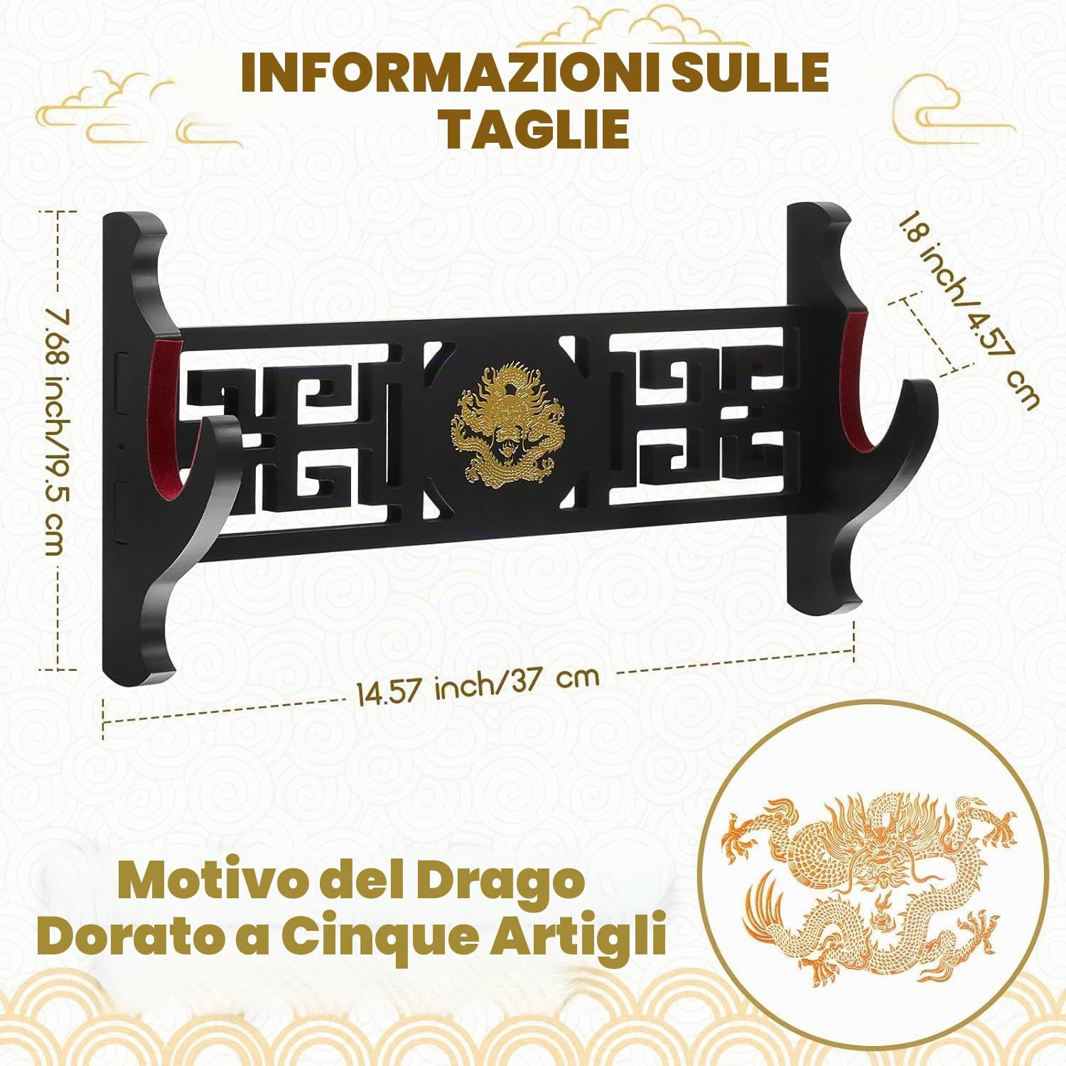 Sword Supporto da Parete Supporto per Spada Espositore Imbottito Katana Wakizashi Genji e Samurai Swords Dragon Pattern,1 Tier